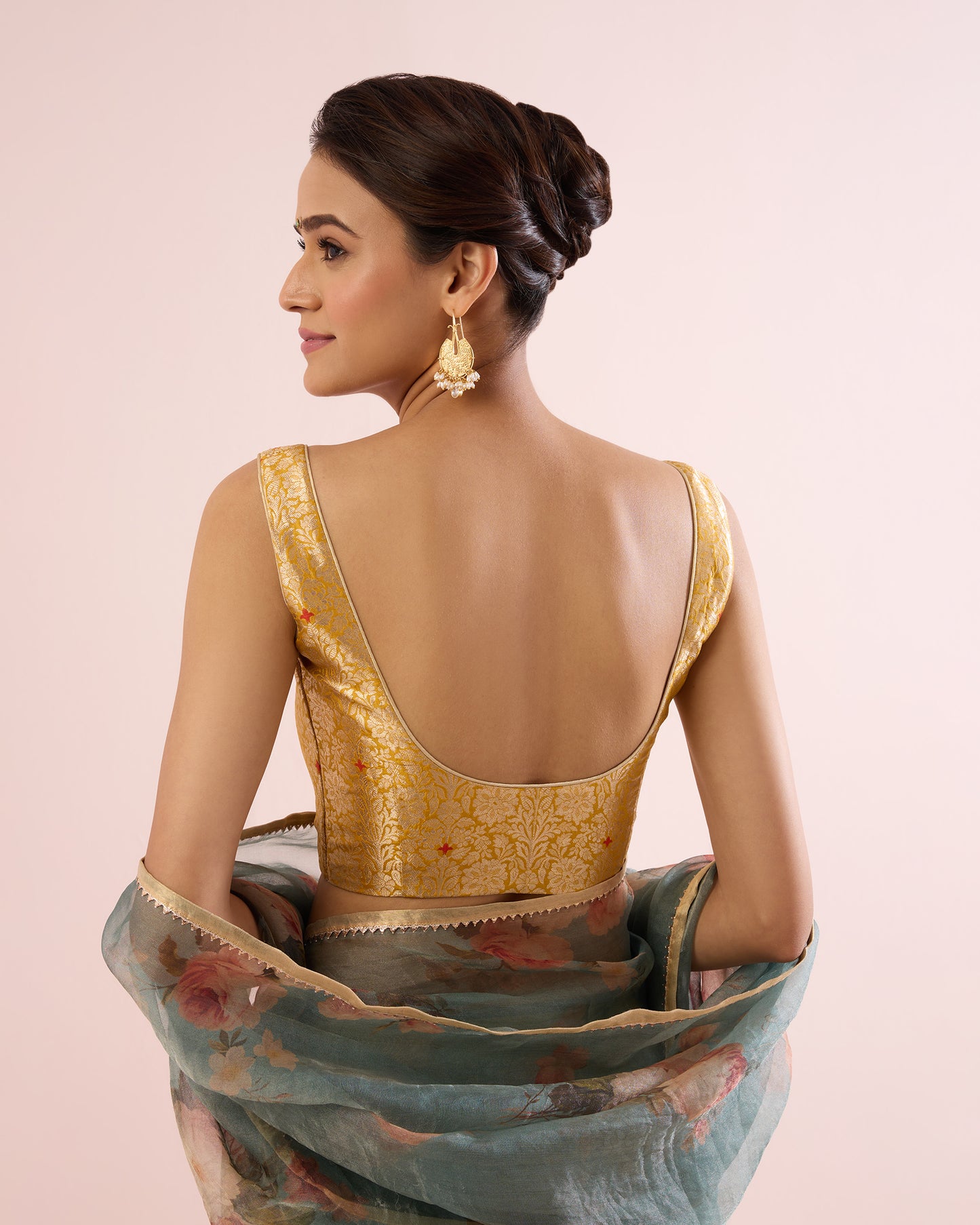 HALDI YELLOW BROCADE SLEEVELESS BLOUSE WITH PADS