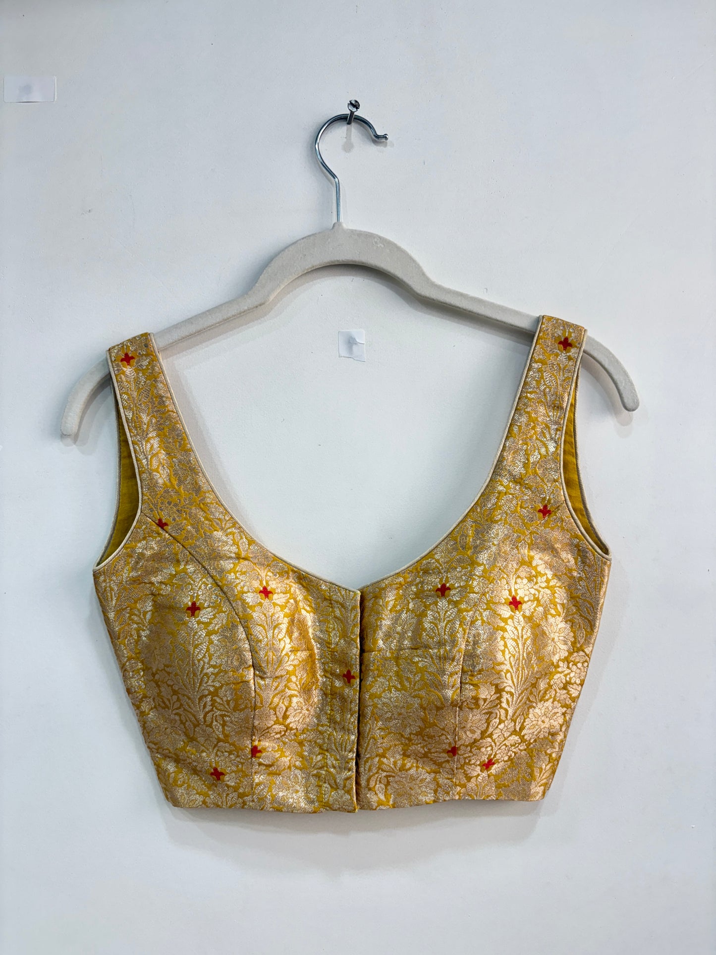 HALDI YELLOW BROCADE SLEEVELESS BLOUSE WITH PADS