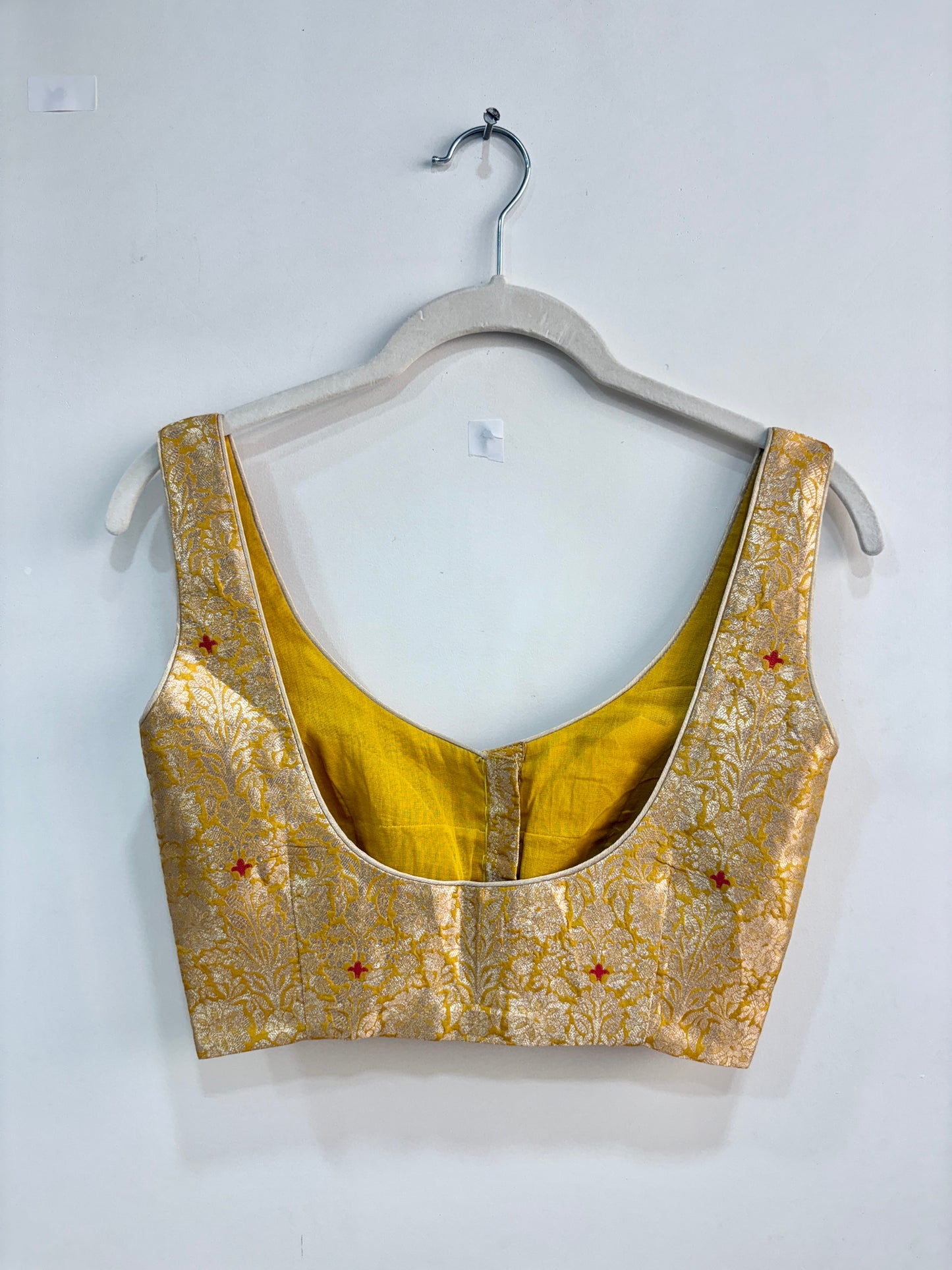 HALDI YELLOW BROCADE SLEEVELESS BLOUSE WITH PADS