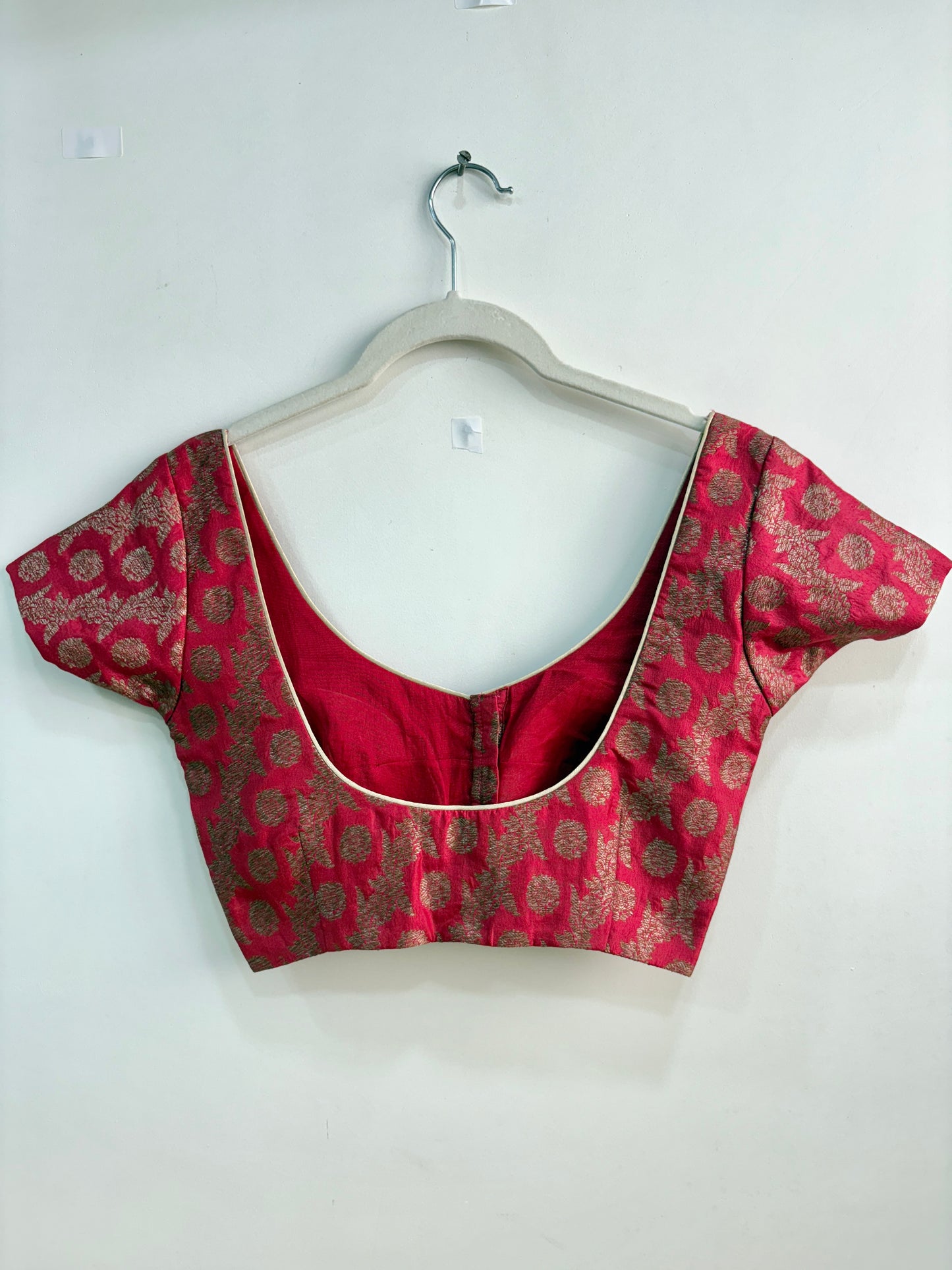 DEEP RED BROCADE BLOUSE WITH SLEEVES