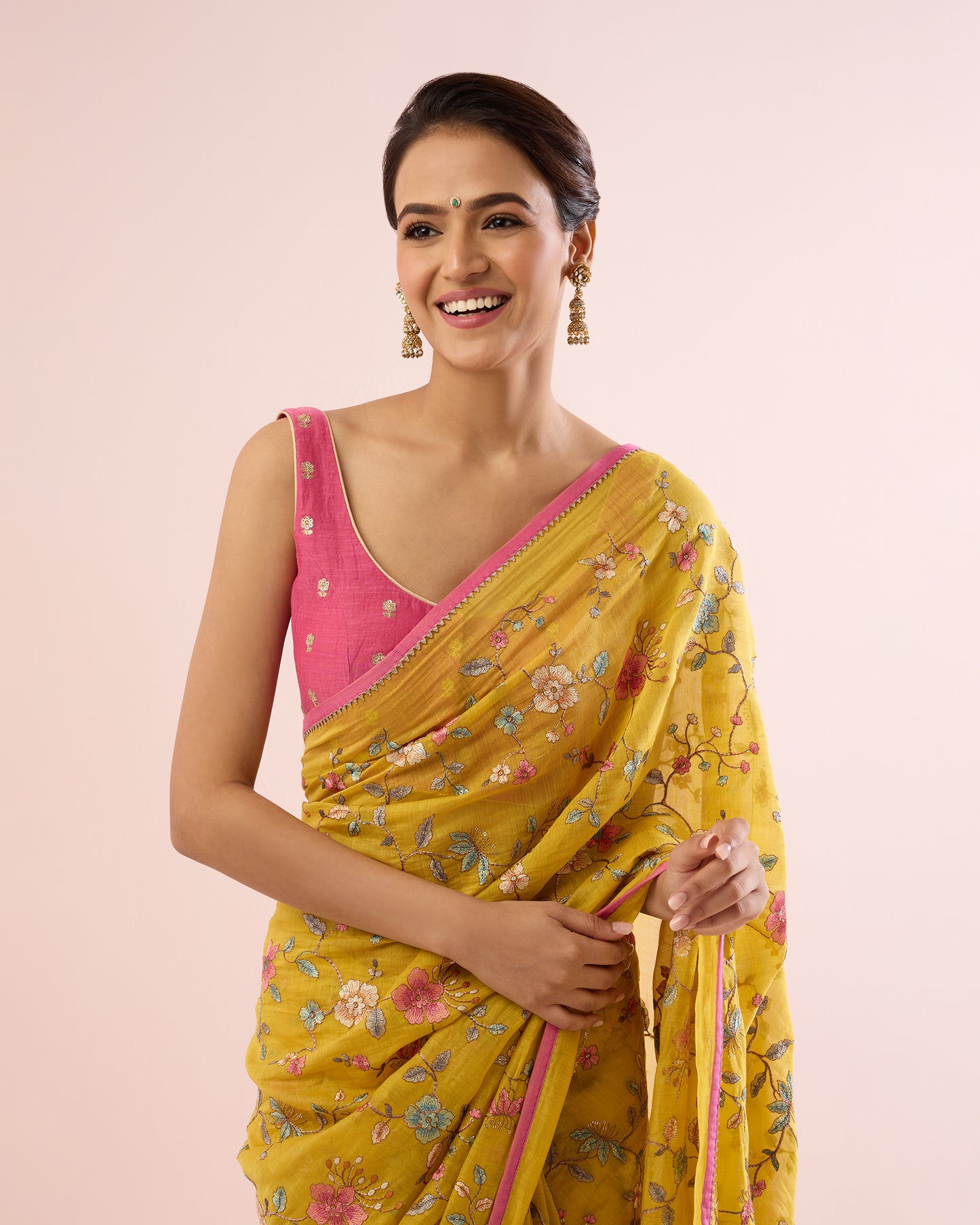 PERIWINKLE CHANDERI SILK SAREE- YELLOW