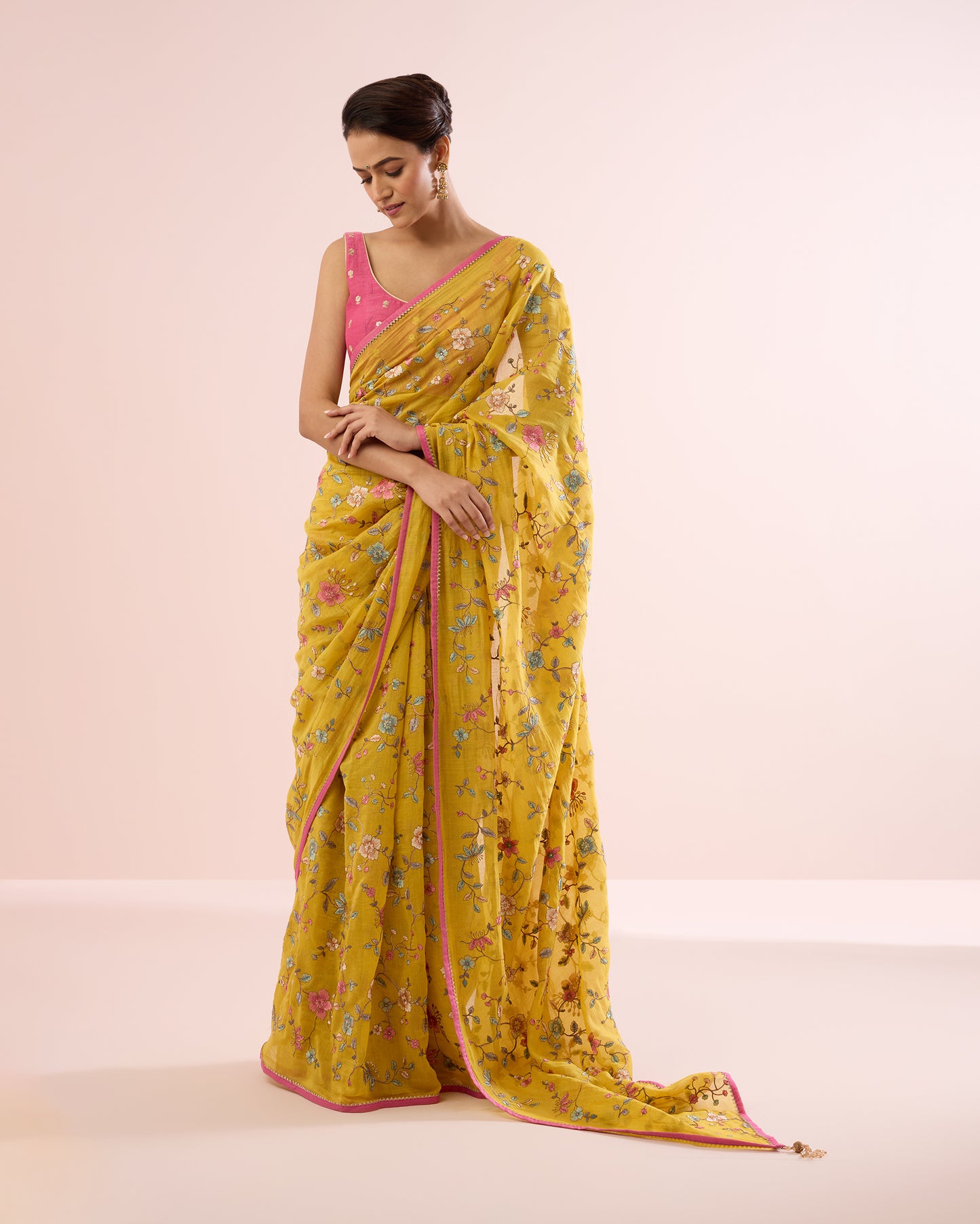 PERIWINKLE CHANDERI SILK SAREE- YELLOW