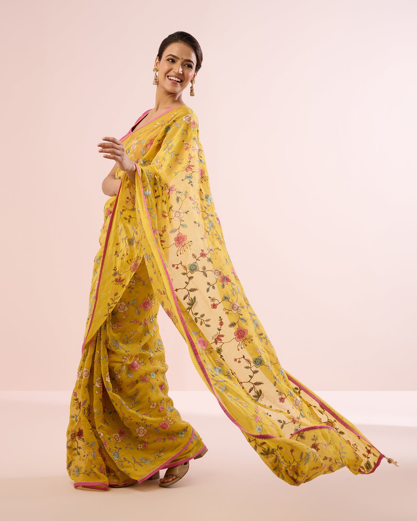 PERIWINKLE CHANDERI SILK SAREE- YELLOW