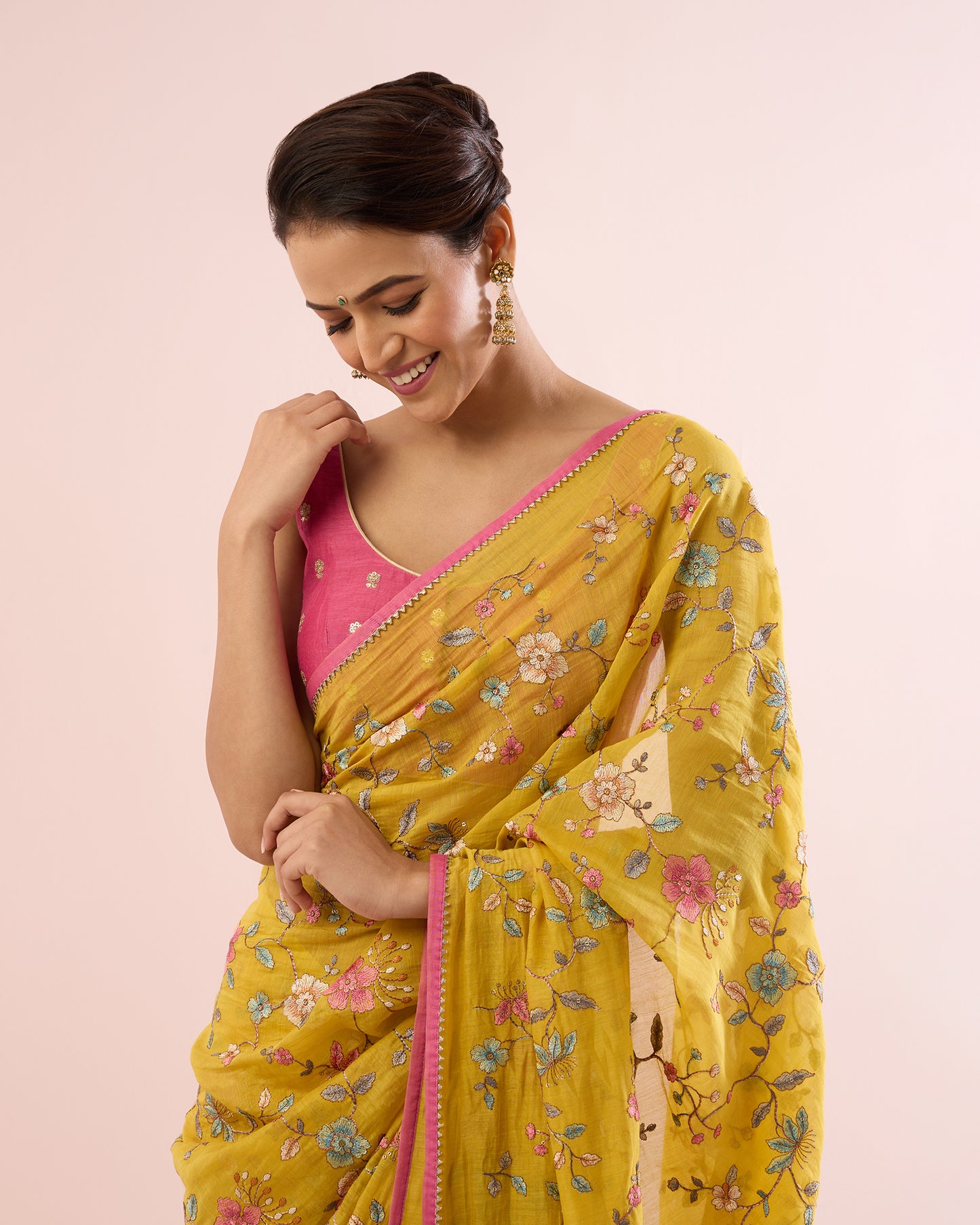 PERIWINKLE CHANDERI SILK SAREE- YELLOW
