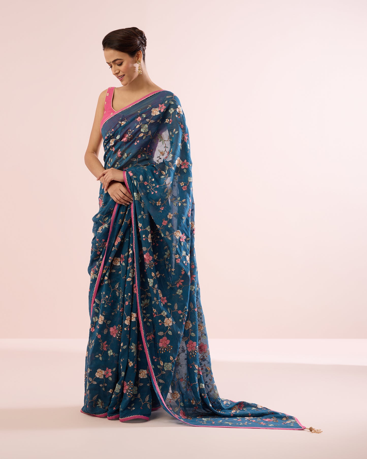 PERIWINKLE CHANDERI SILK SAREE- INDIGO