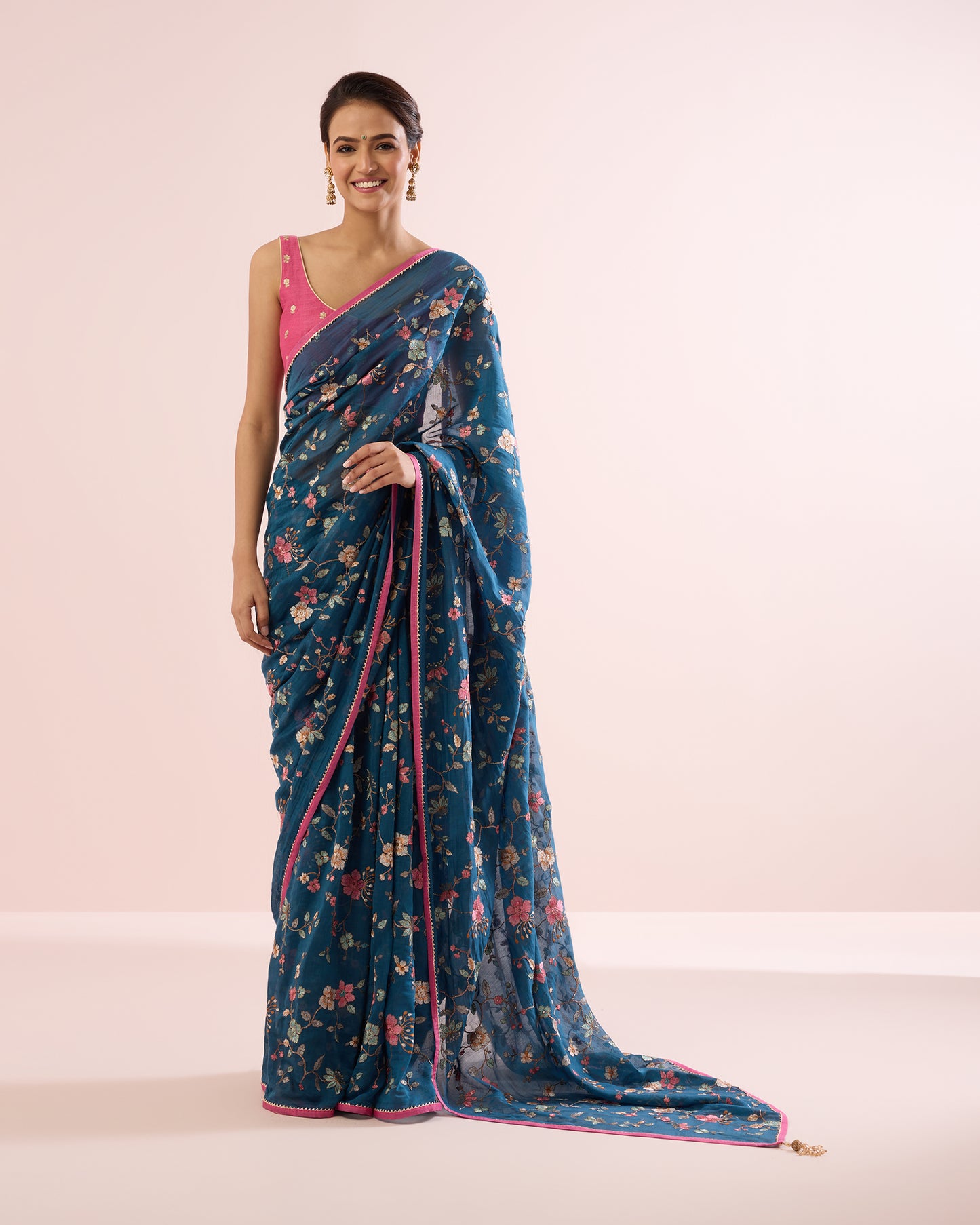 PERIWINKLE CHANDERI SILK SAREE- INDIGO