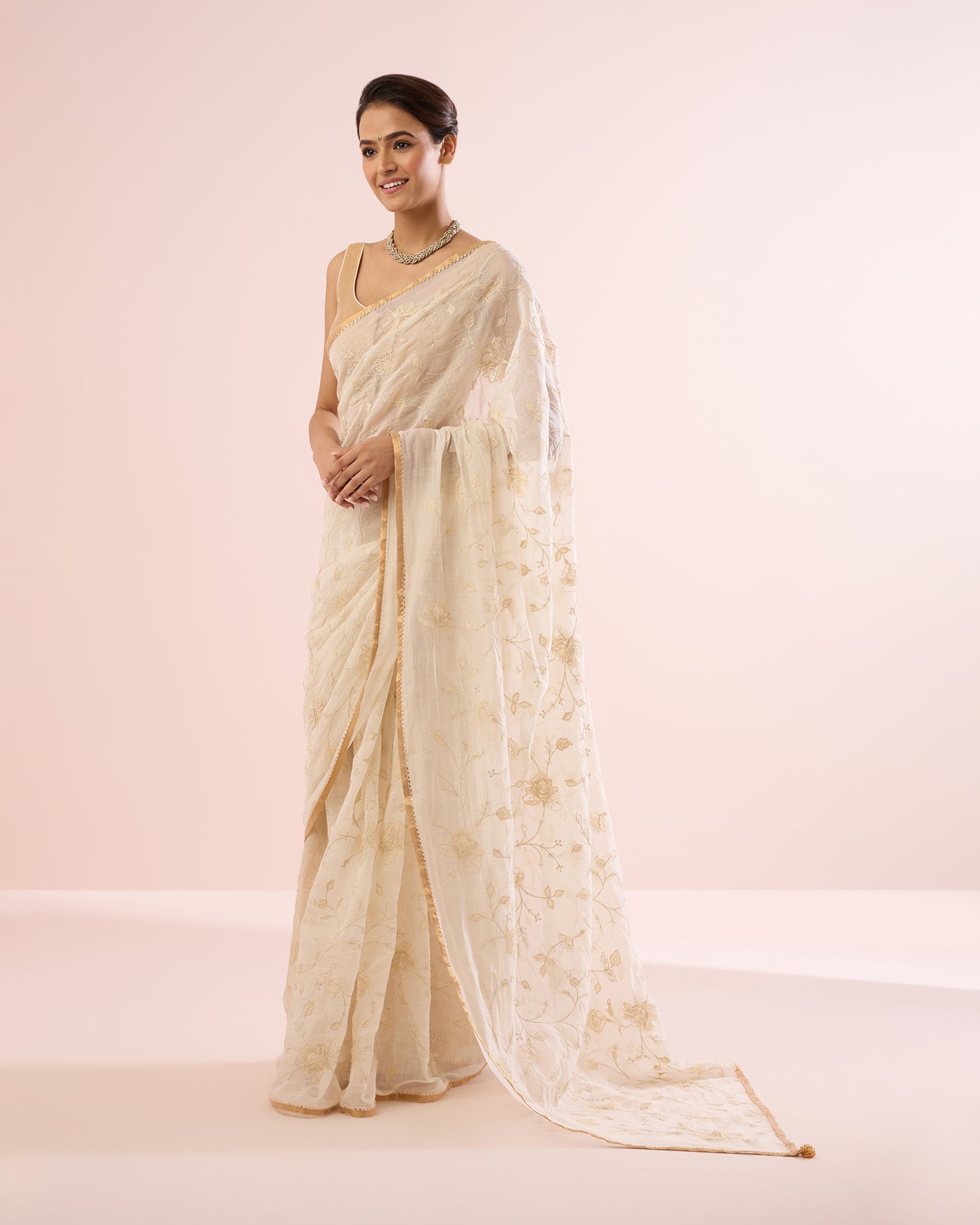 FRANGIPANI CHANDERI SILK SAREE- IVORY