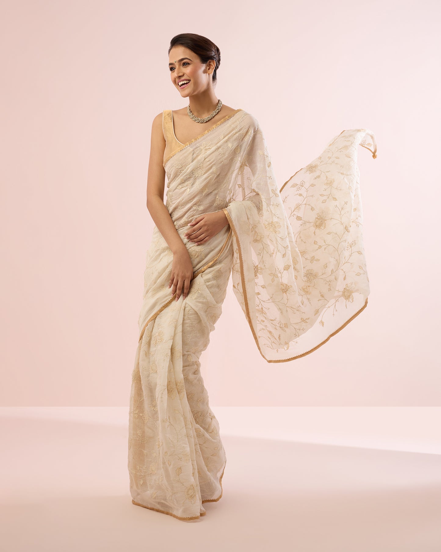 FRANGIPANI CHANDERI SILK SAREE- IVORY