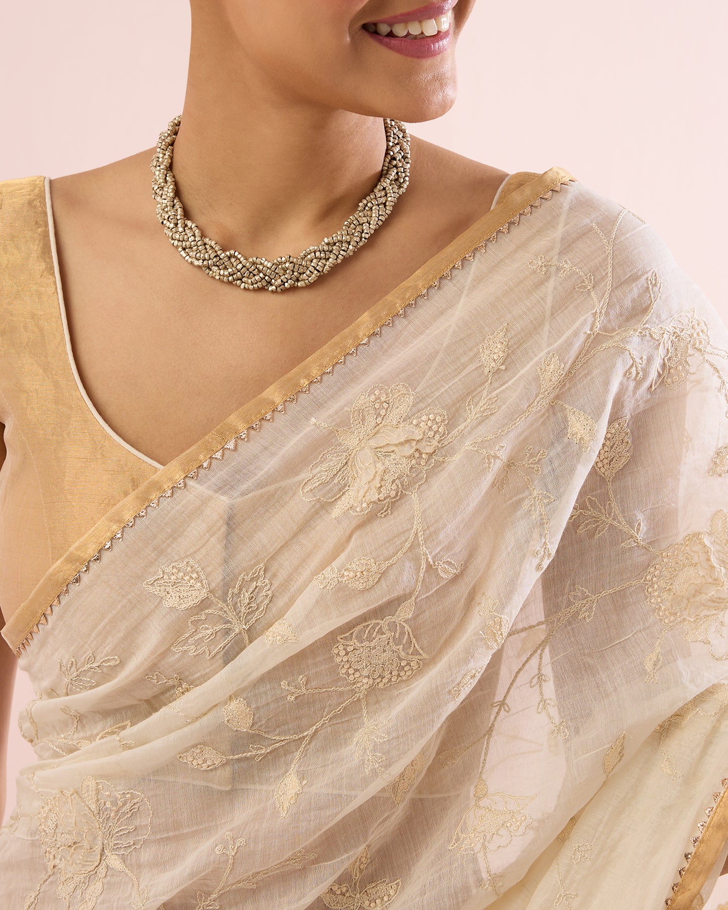 FRANGIPANI CHANDERI SILK SAREE- IVORY