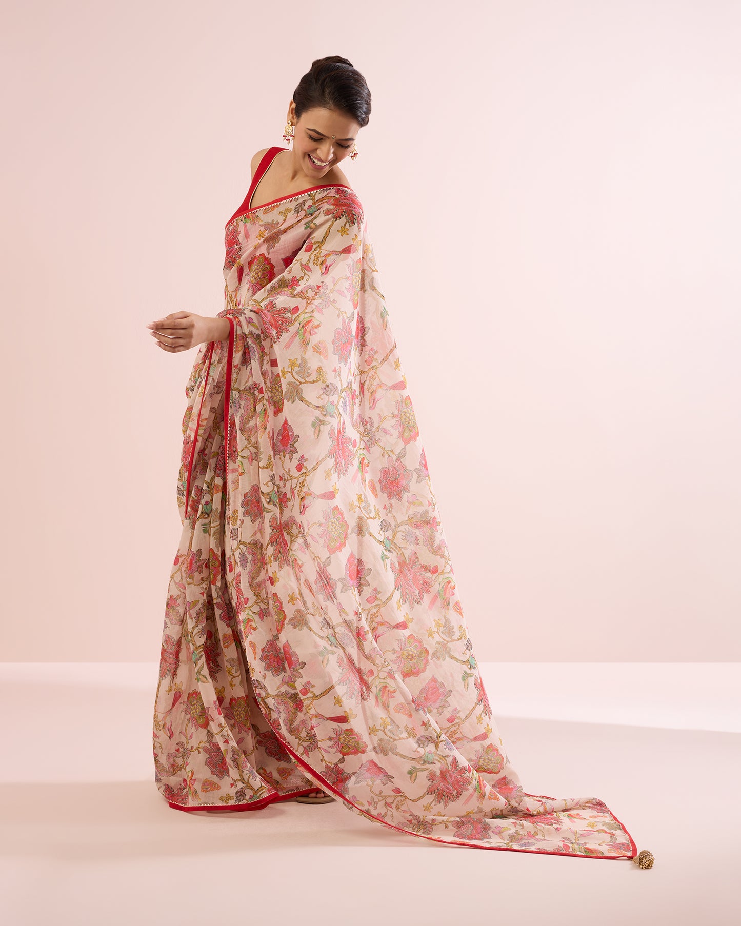 CHINTZ FLORAL CHANDERI SILK SAREE- IVORY & RED