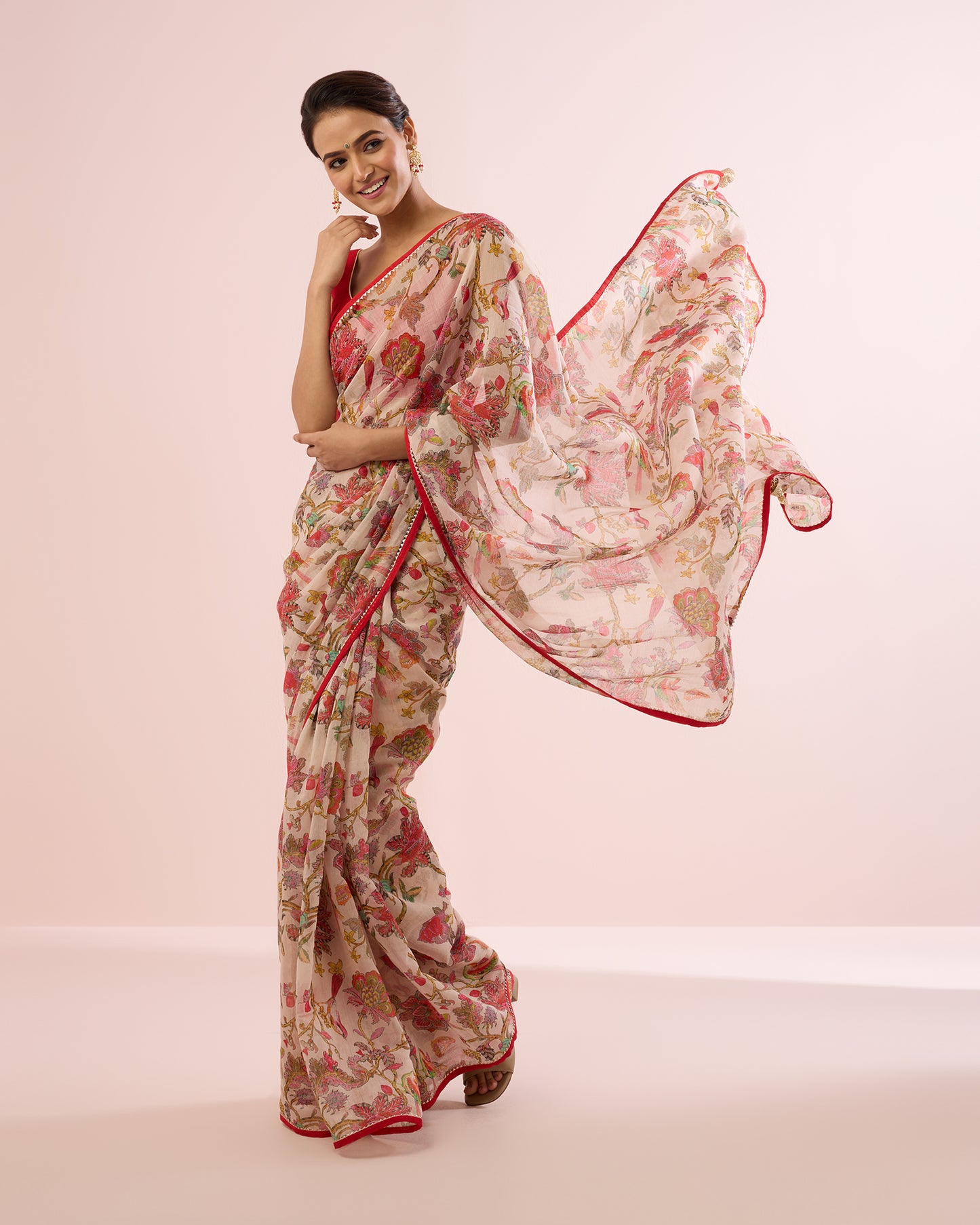 CHINTZ FLORAL CHANDERI SILK SAREE- IVORY & RED