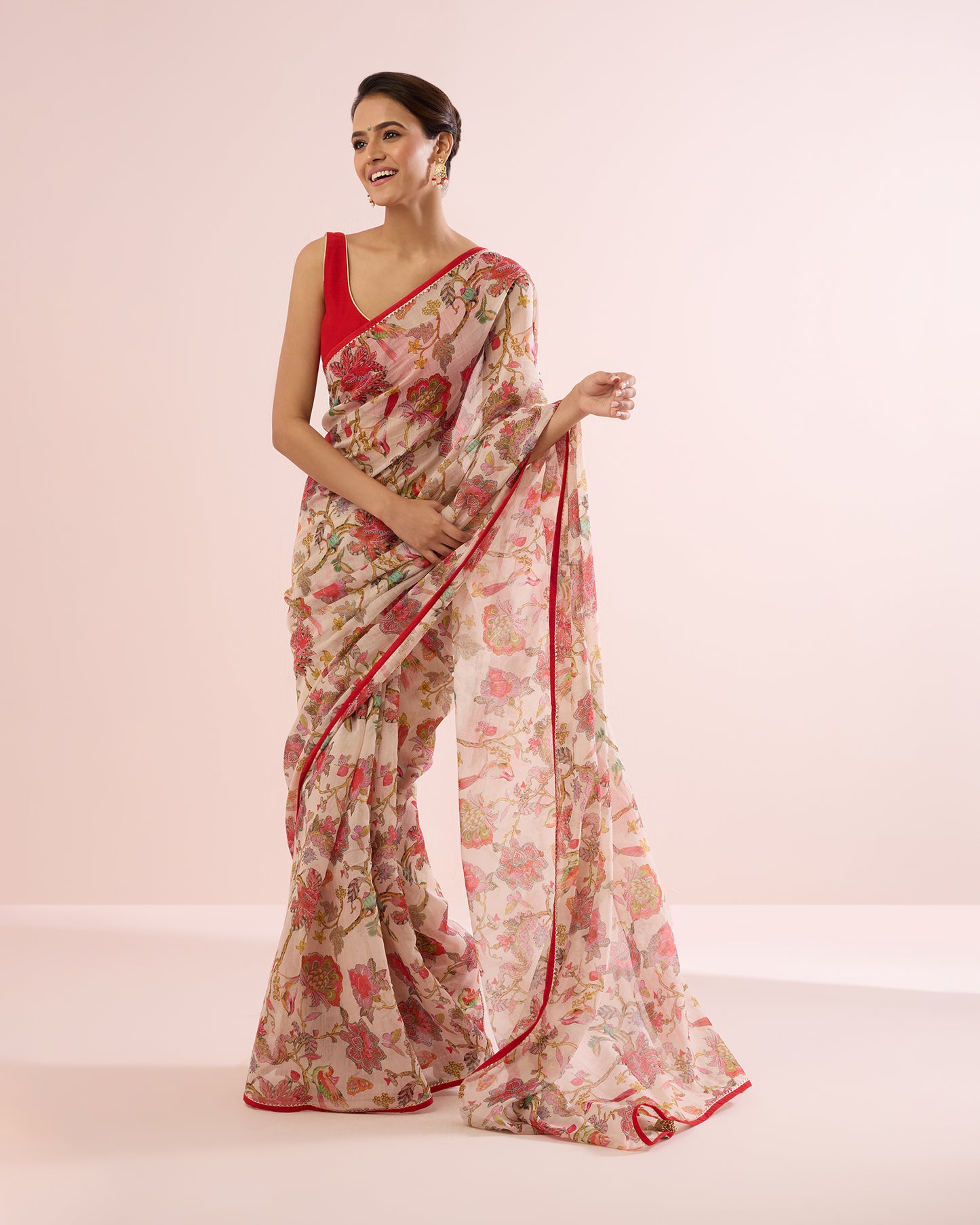 CHINTZ FLORAL CHANDERI SILK SAREE- IVORY & RED