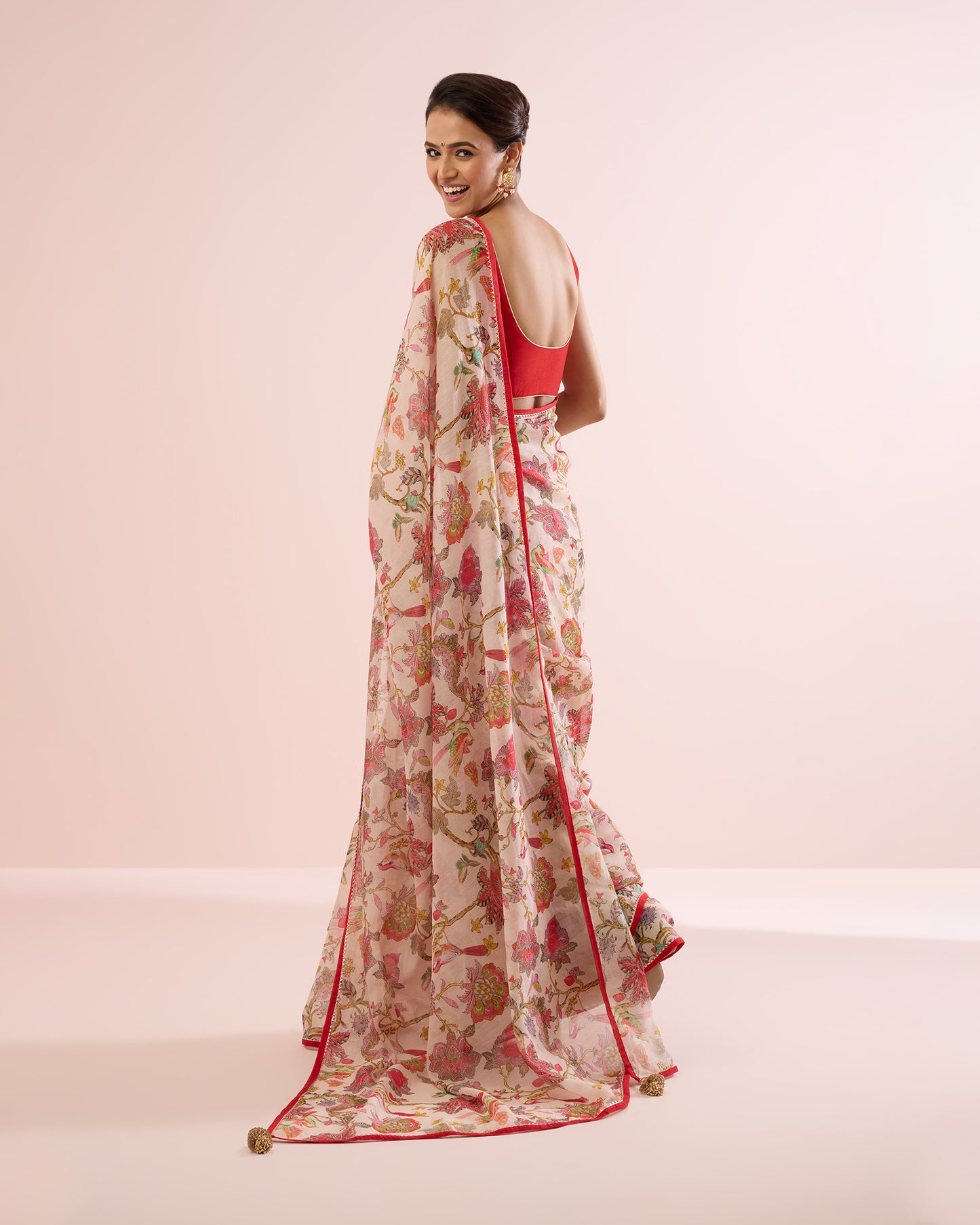 CHINTZ FLORAL CHANDERI SILK SAREE- IVORY & RED