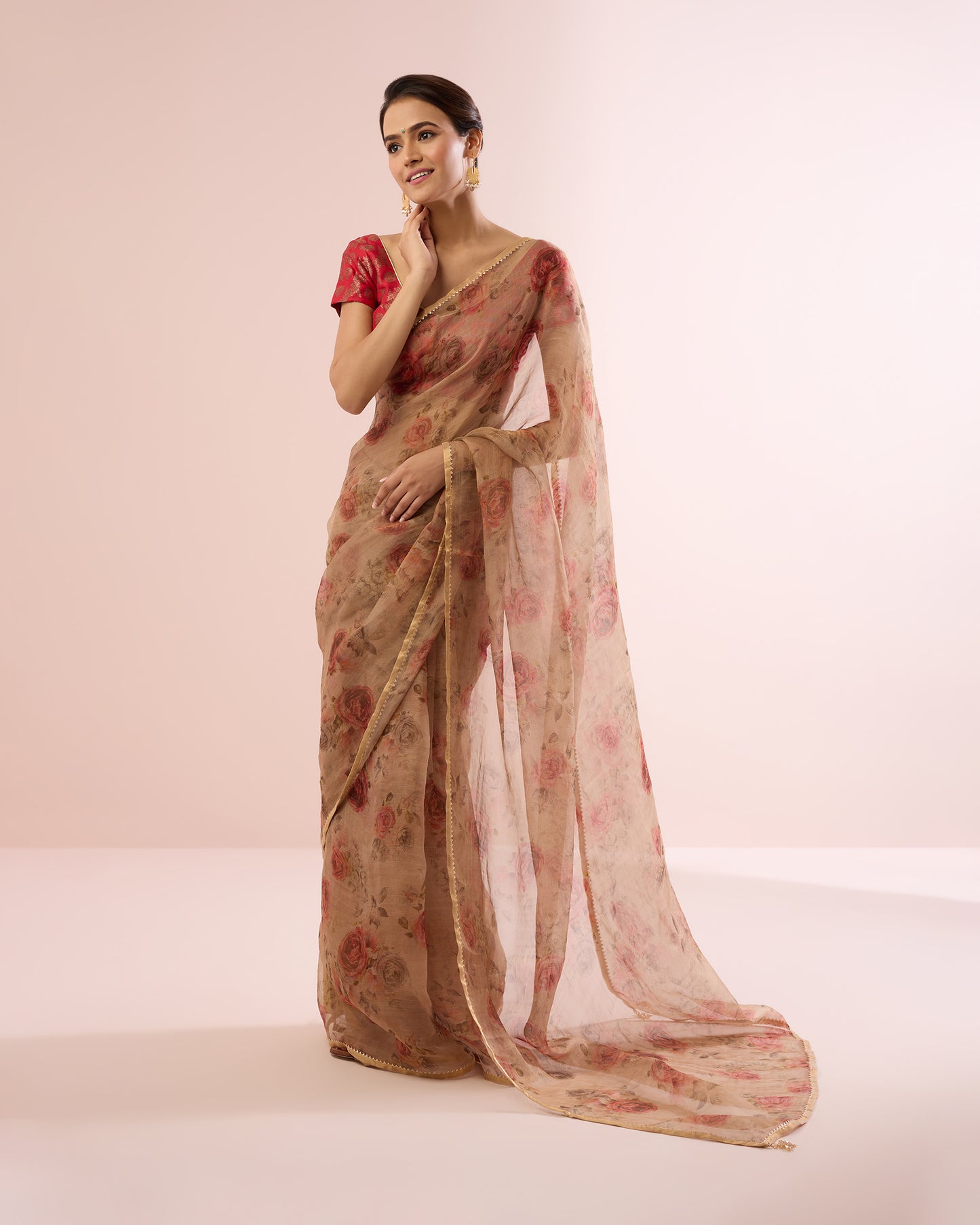 CABBAGE ROSE TISSUE CHANDERI SILK SAREE- BEIGE GOLD