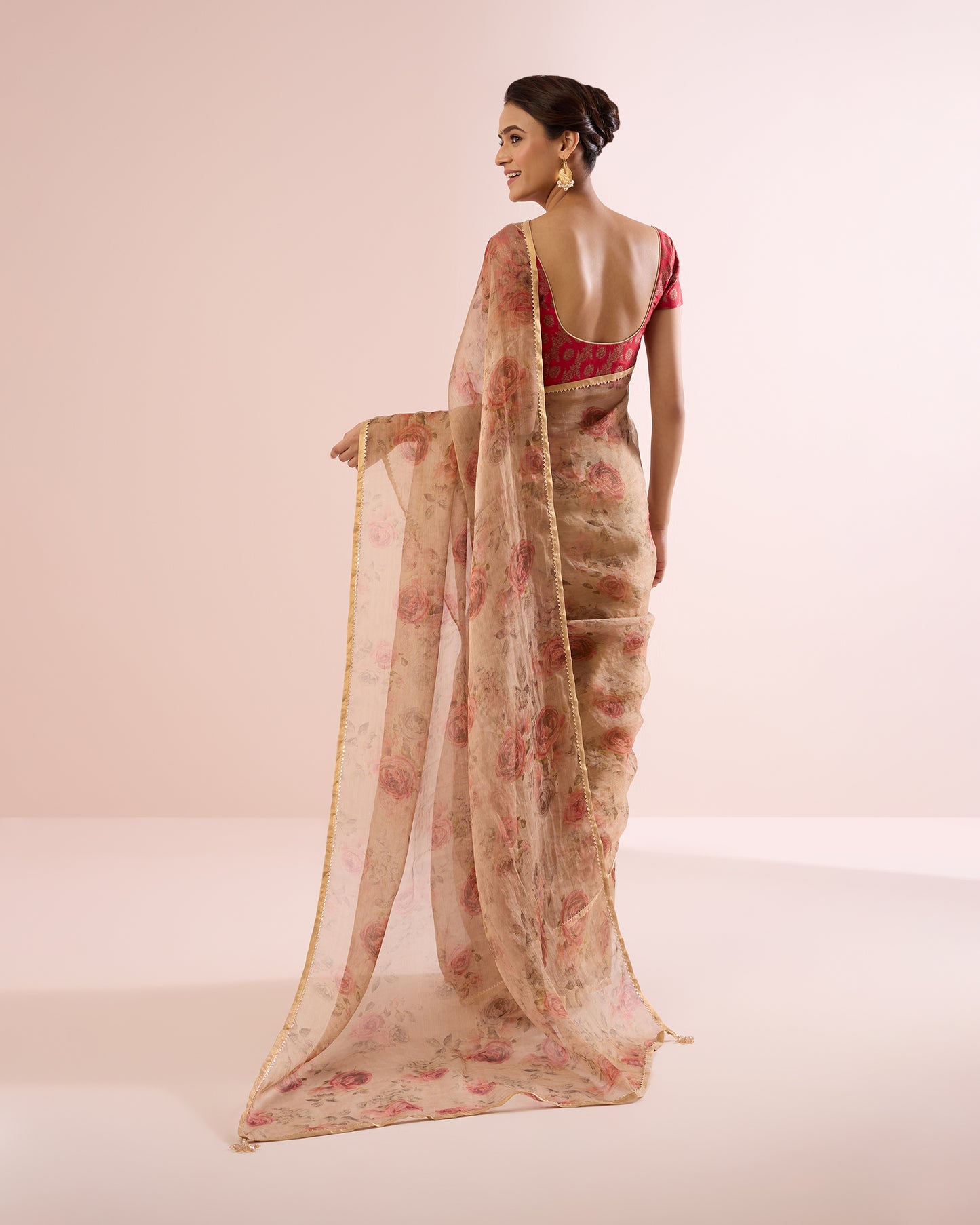 CABBAGE ROSE TISSUE CHANDERI SILK SAREE- BEIGE GOLD