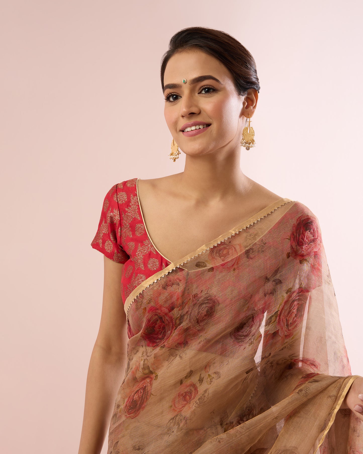 CABBAGE ROSE TISSUE CHANDERI SILK SAREE- BEIGE GOLD