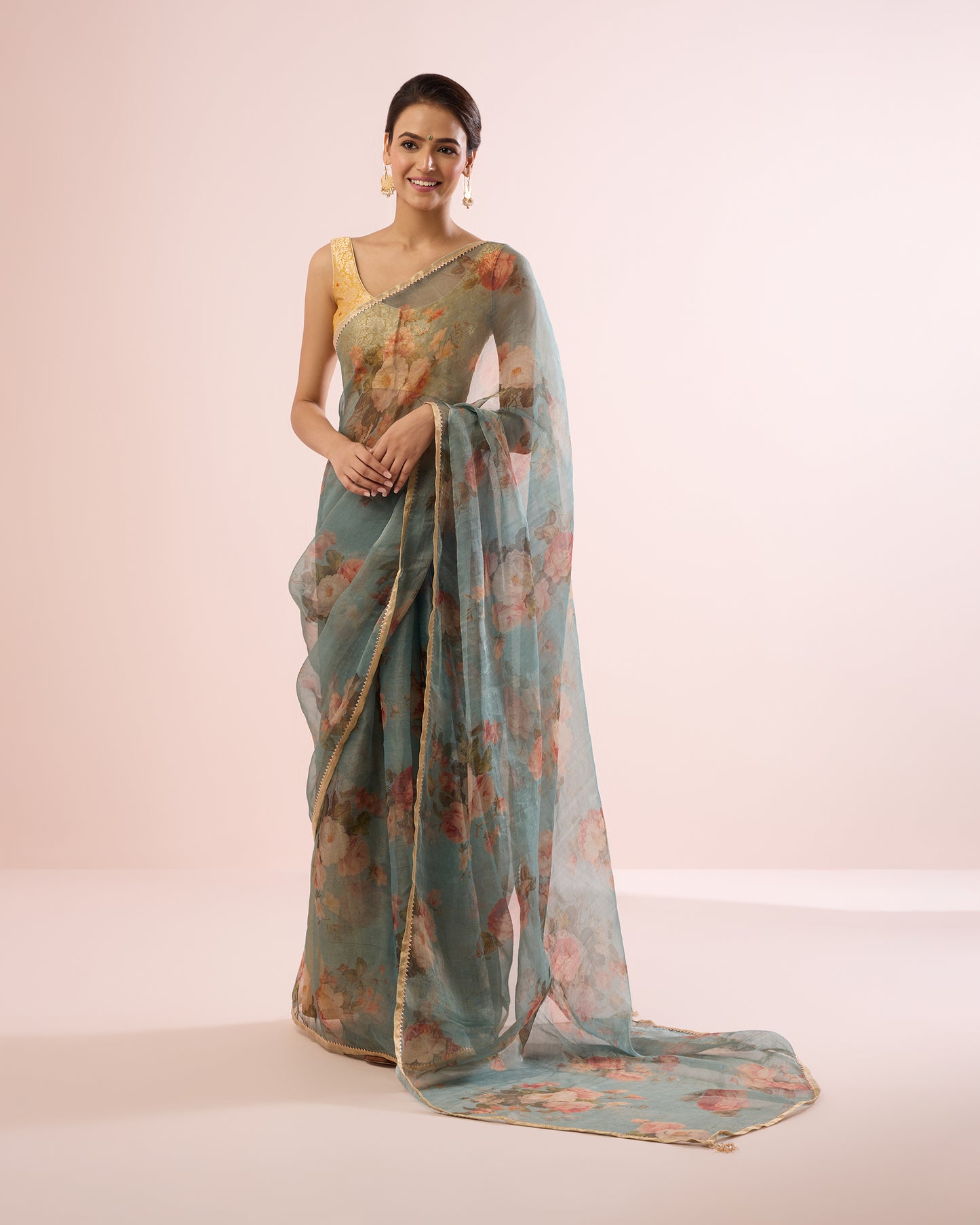 CABBAGE ROSE TISSUE CHANDERI SILK SAREE- TEAL GOLD