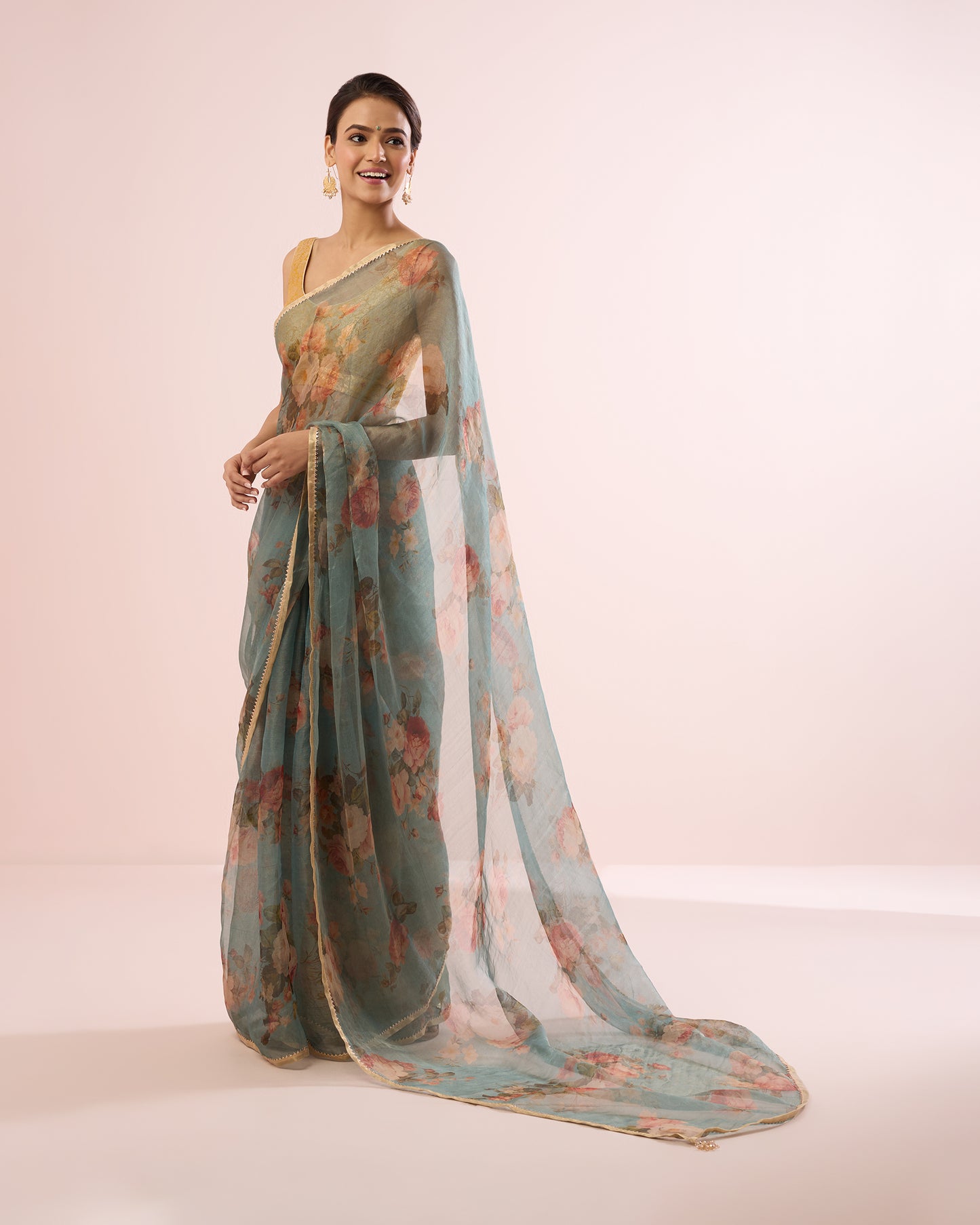 CABBAGE ROSE TISSUE CHANDERI SILK SAREE- TEAL GOLD