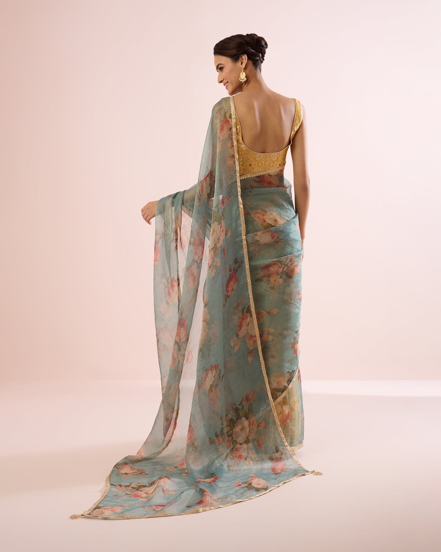 CABBAGE ROSE TISSUE CHANDERI SILK SAREE- TEAL GOLD