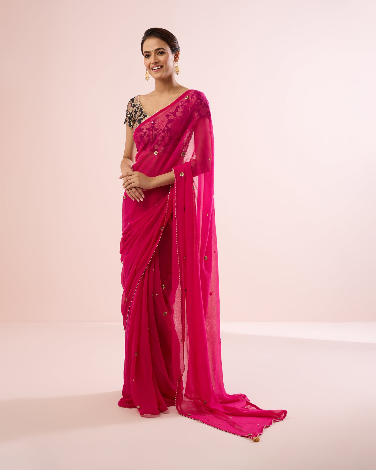 FUSCHIA TINSEL ROSE CHIFFON SAREE