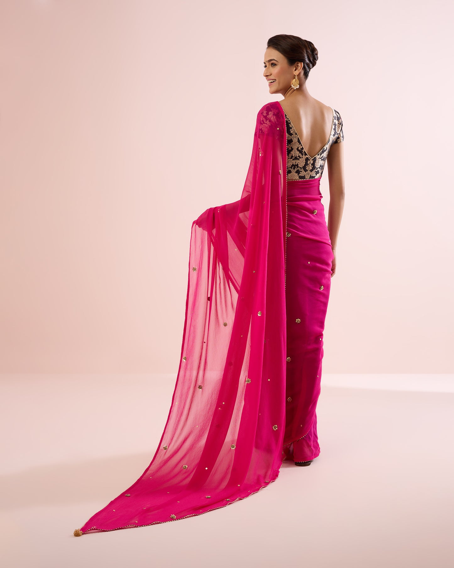 FUSCHIA TINSEL ROSE CHIFFON SAREE
