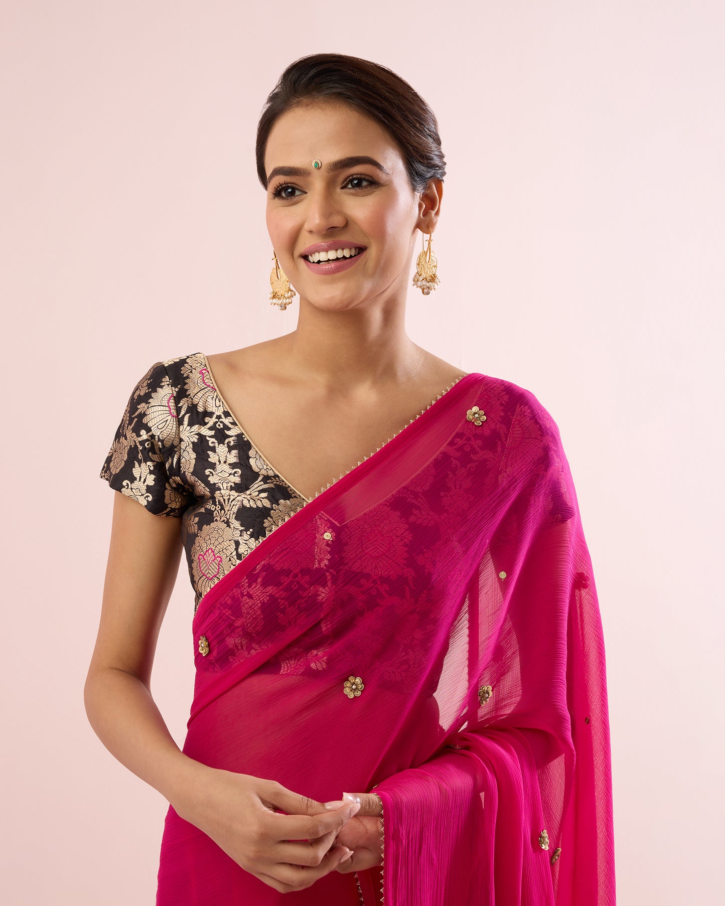 FUSCHIA TINSEL ROSE CHIFFON SAREE