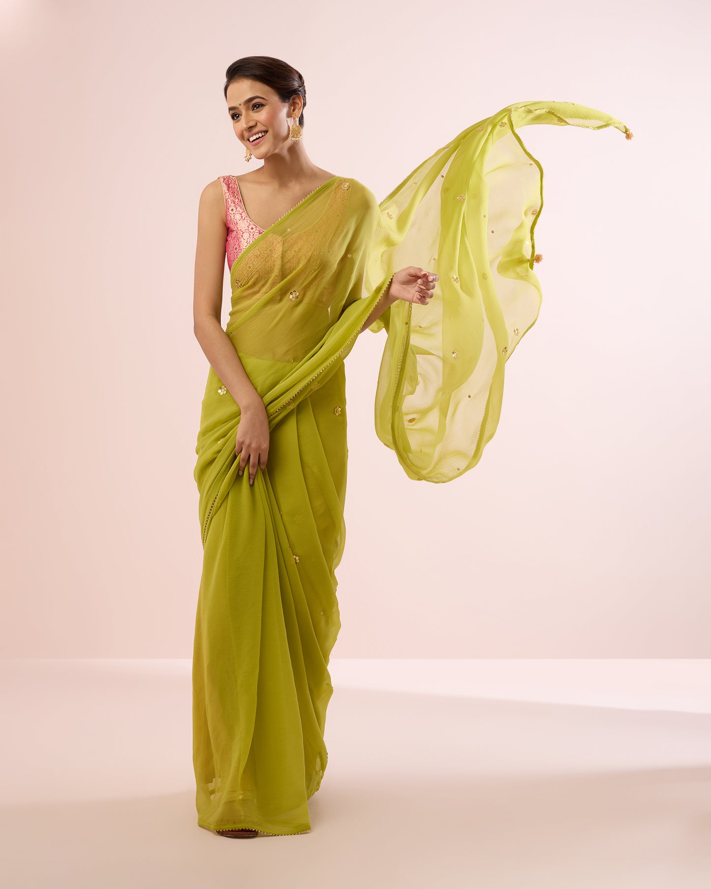 LIME GOLD FLORAL CHIFFON SAREE