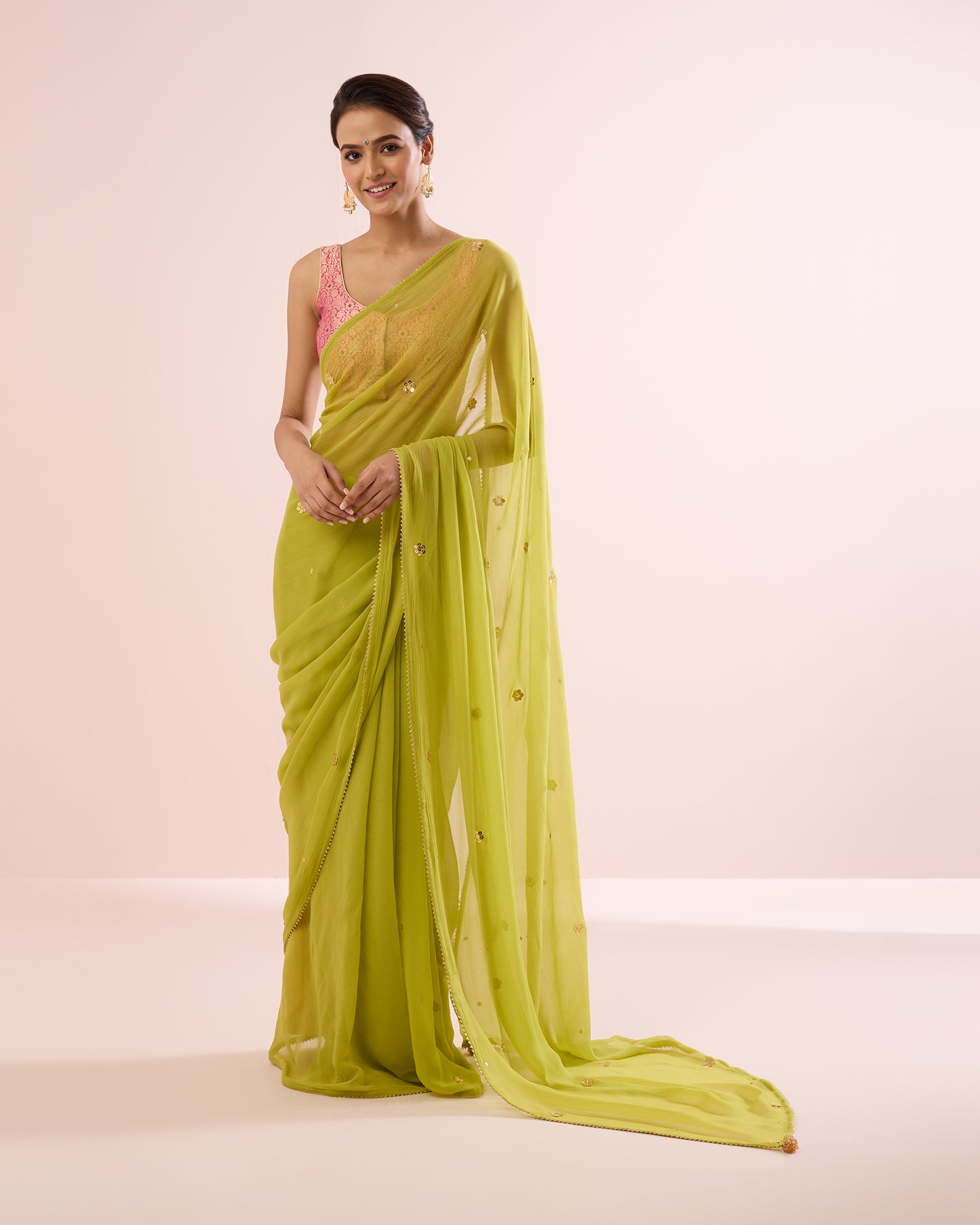 LIME GOLD FLORAL CHIFFON SAREE