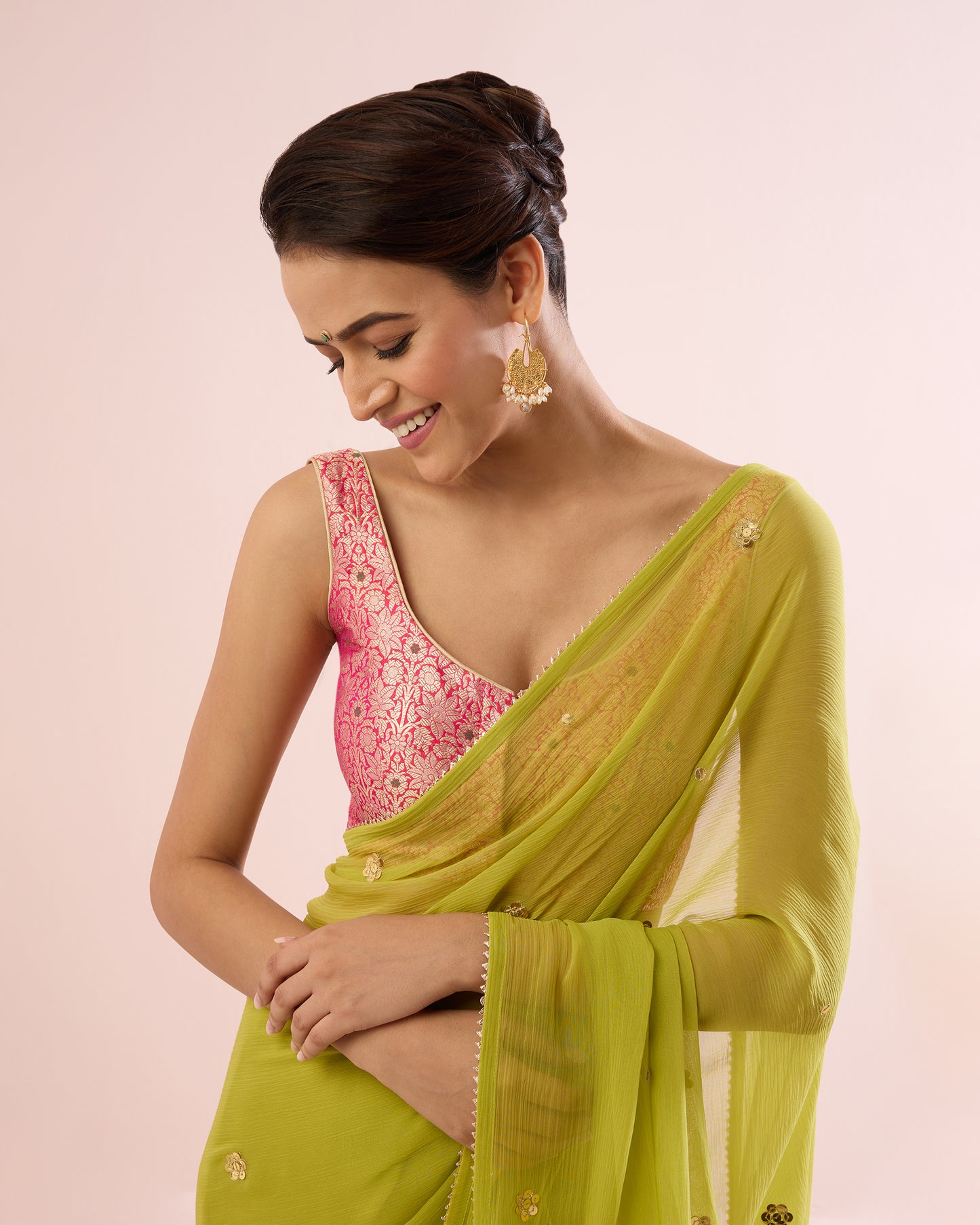 LIME GOLD FLORAL CHIFFON SAREE