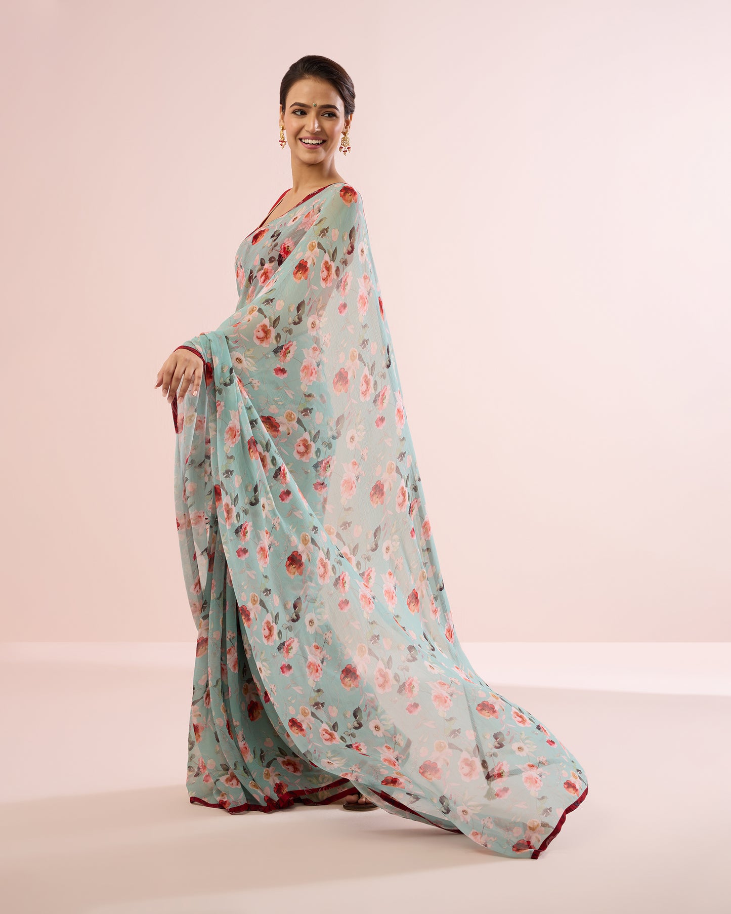 AQUA GERANIUM PRINTED CHIFFON SAREE