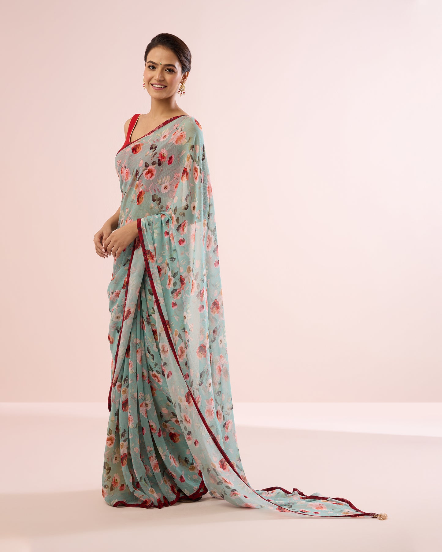 AQUA GERANIUM PRINTED CHIFFON SAREE