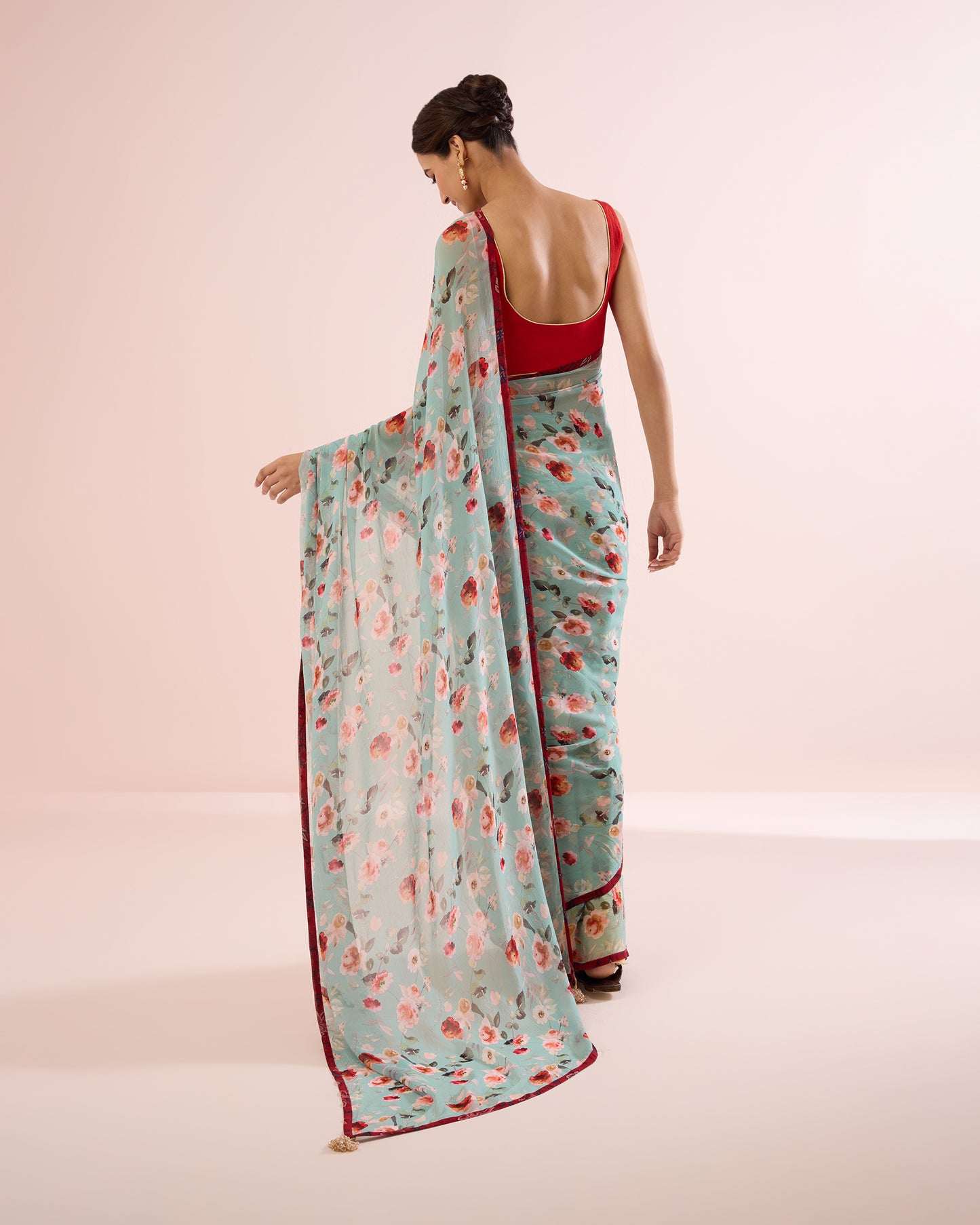 AQUA GERANIUM PRINTED CHIFFON SAREE