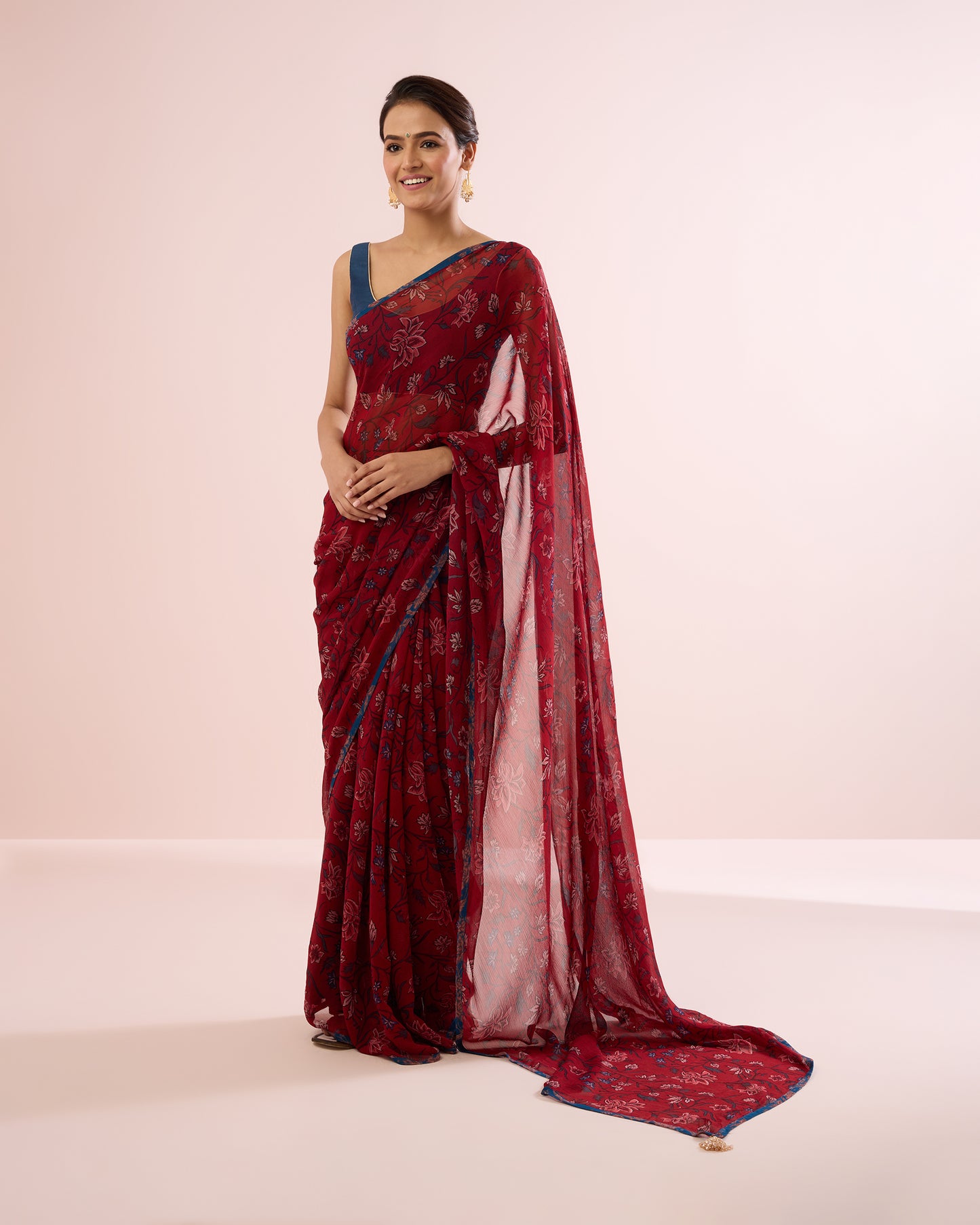 INTENSE RED IRIS PRINTED CHIFFON SAREE
