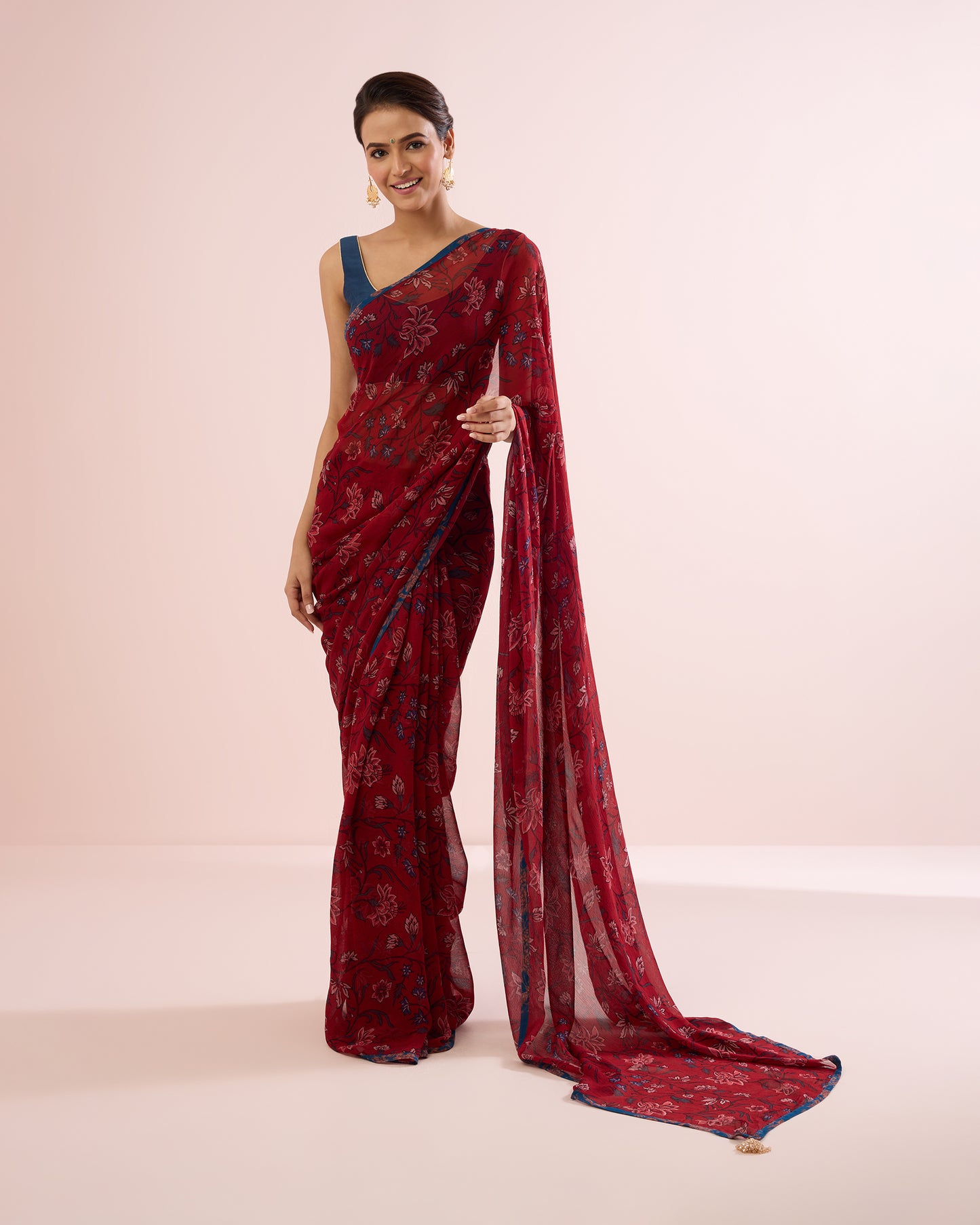 INTENSE RED IRIS PRINTED CHIFFON SAREE