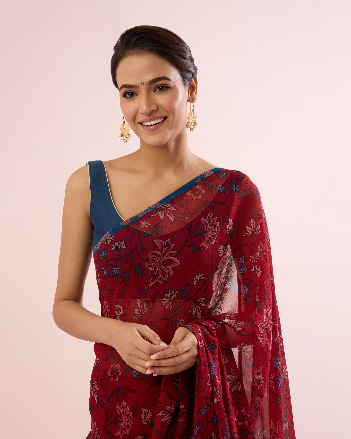 INTENSE RED IRIS PRINTED CHIFFON SAREE