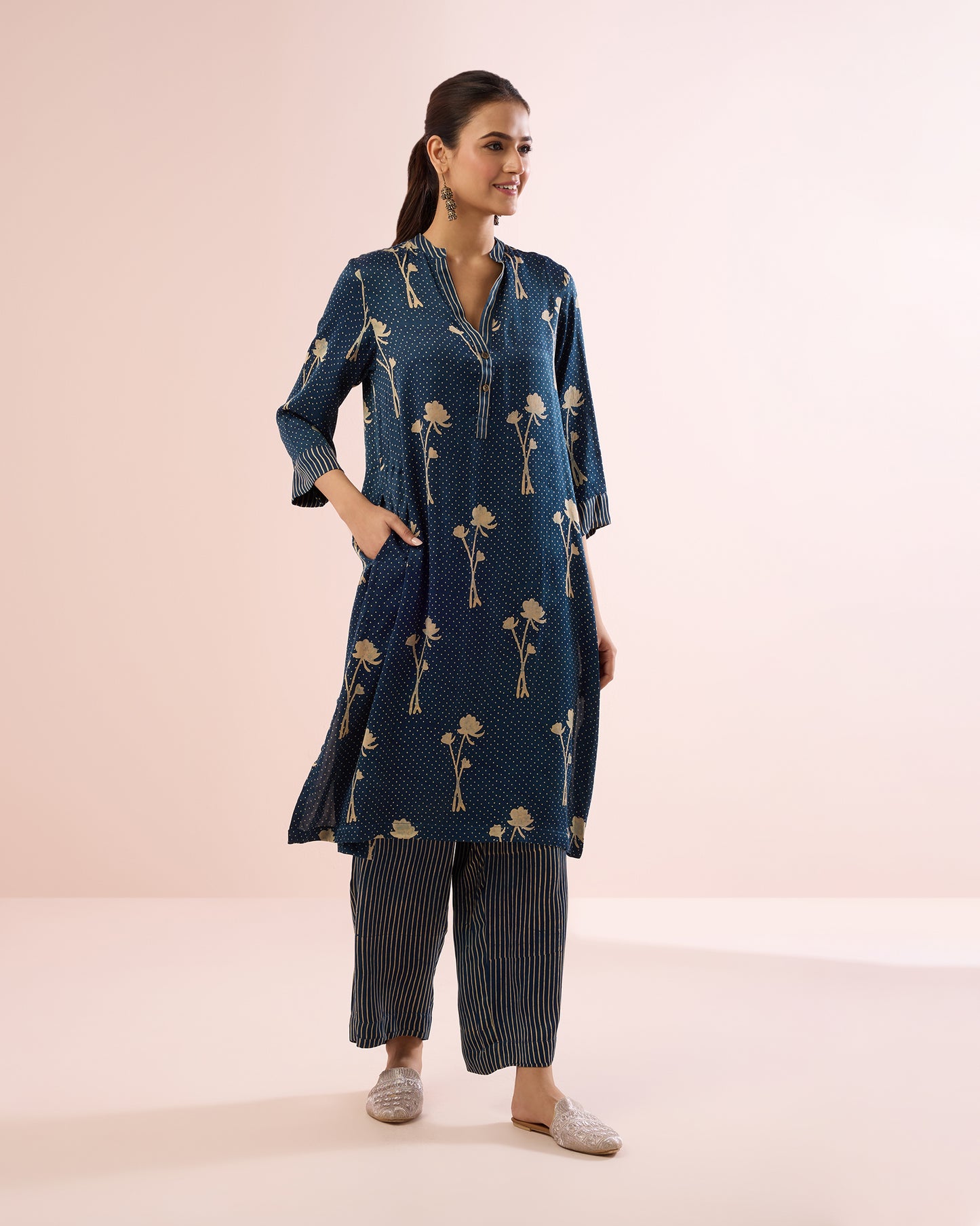 INDIGO/BEIGE POPPY AJRAKH COORD SET