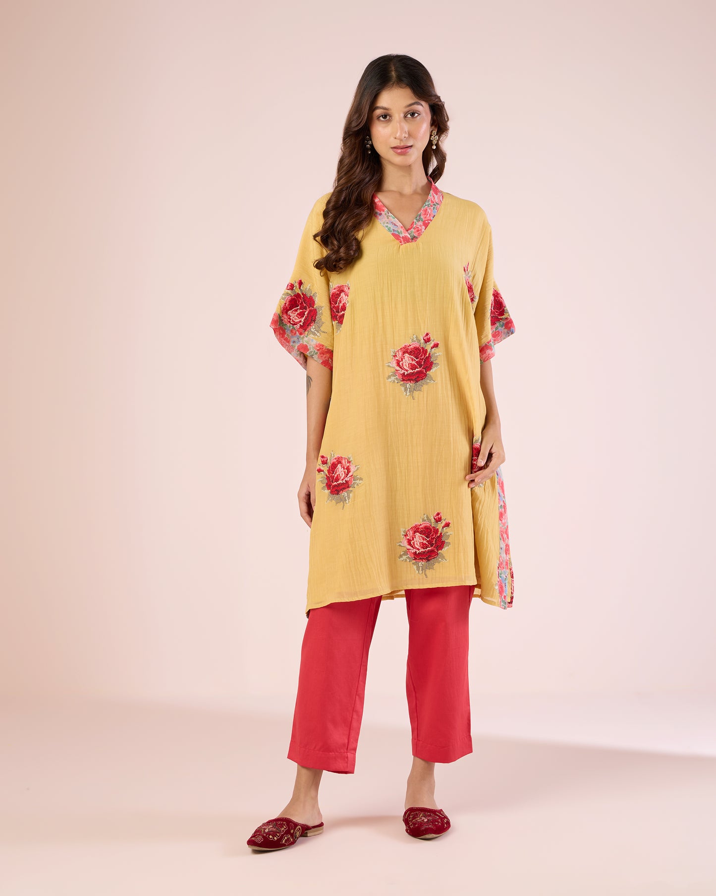 Cross Stitch Kimono Co-Ord- Chrome Yellow / Strawberry