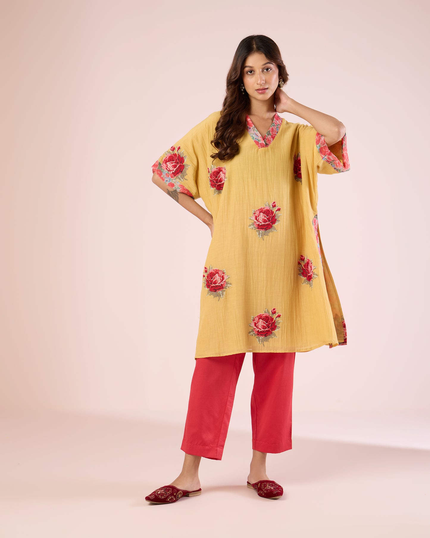 Cross Stitch Kimono Co-Ord- Chrome Yellow / Strawberry