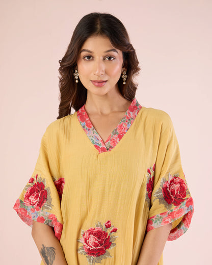Cross Stitch Kimono Co-Ord- Chrome Yellow / Strawberry