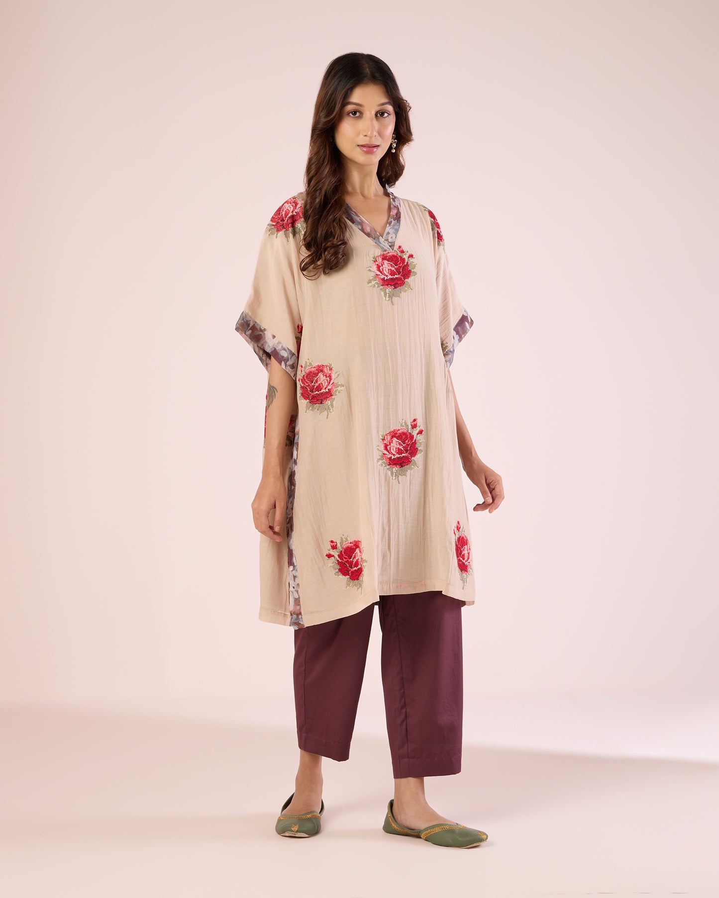 Cross Stitch Kimono Co-Ord- Champagne/ Grape