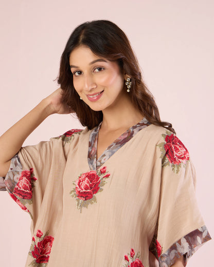 Cross Stitch Kimono Co-Ord- Champagne/ Grape