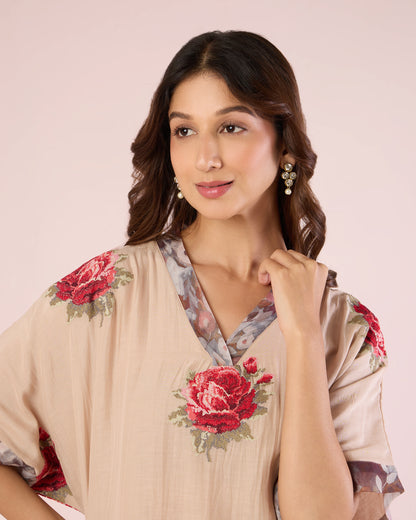 Cross Stitch Kimono Co-Ord- Champagne/ Grape