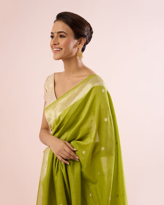 ASHARFI BOOTI SILK VOILE SAREE – LIME & SILVER