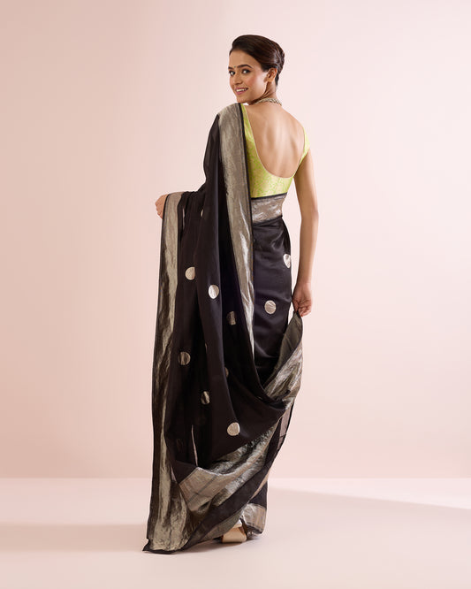 POLKA DOT SILK VOILE SAREE – BLACK & SILVER