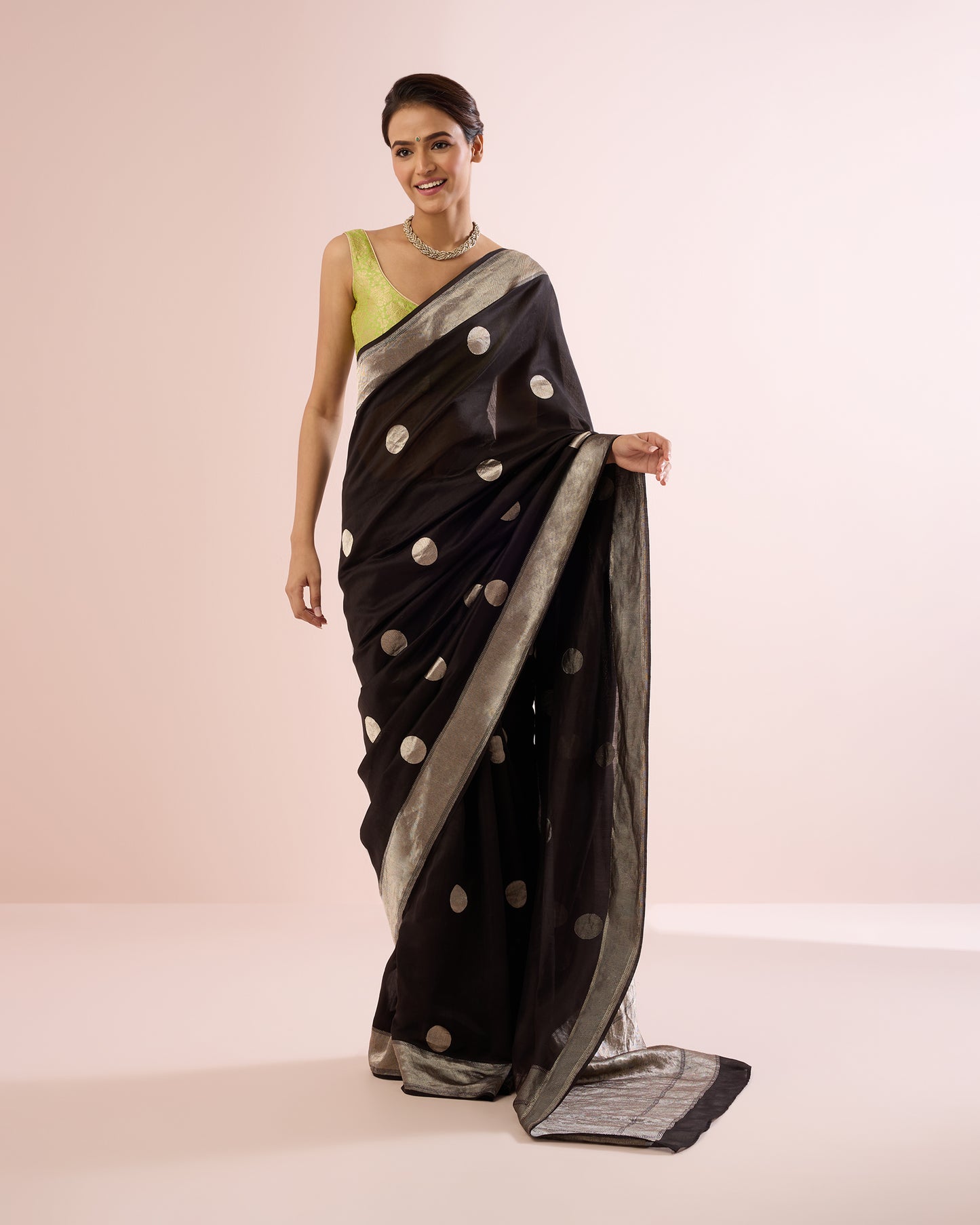 POLKA DOT SILK VOILE SAREE – BLACK & SILVER