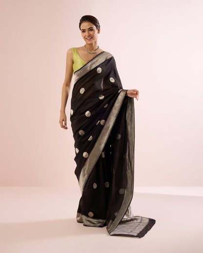 POLKA DOT SILK VOILE SAREE – BLACK & SILVER