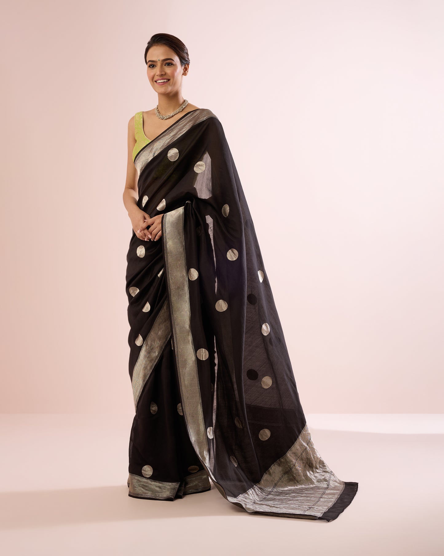 POLKA DOT SILK VOILE SAREE – BLACK & SILVER