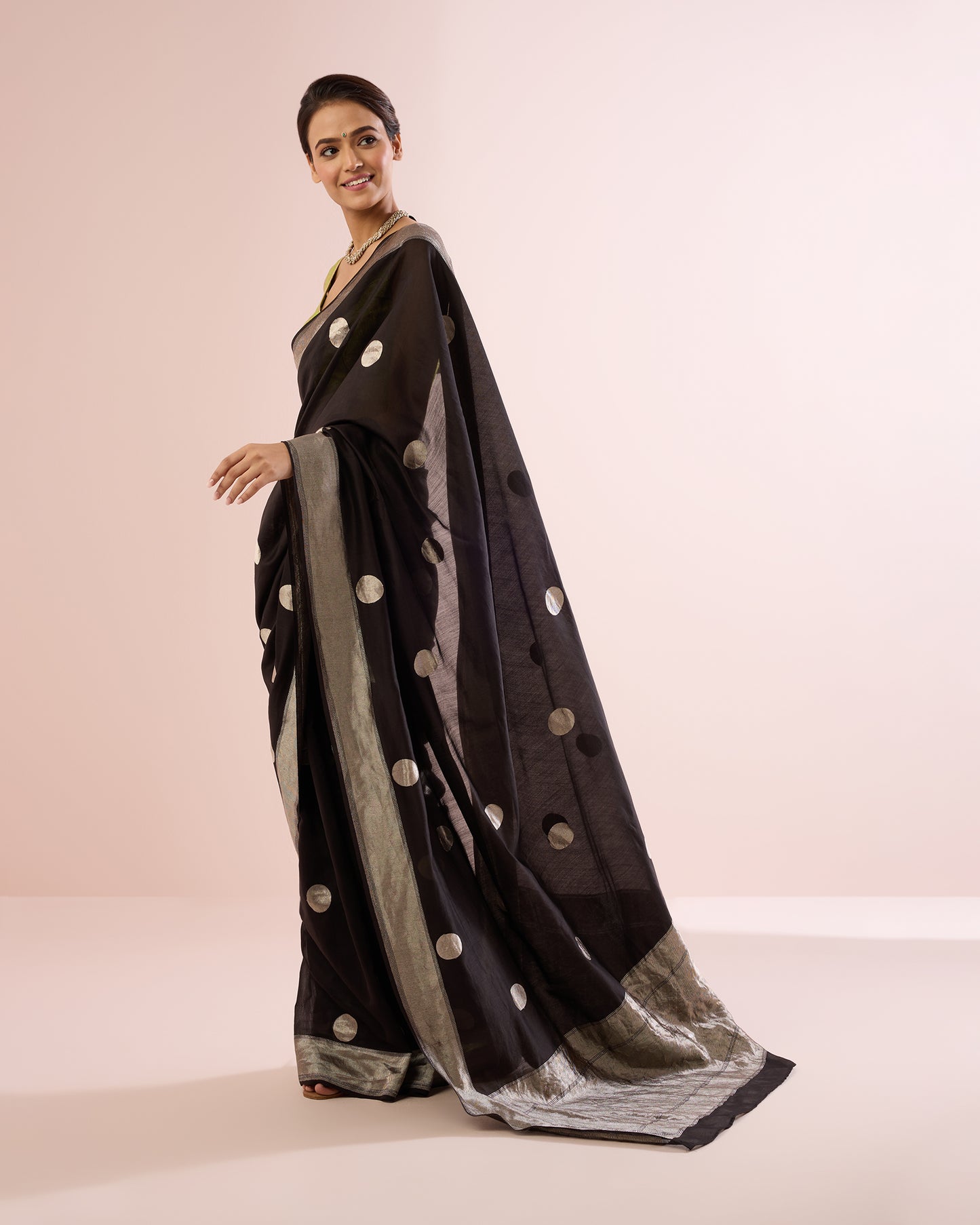 POLKA DOT SILK VOILE SAREE – BLACK & SILVER