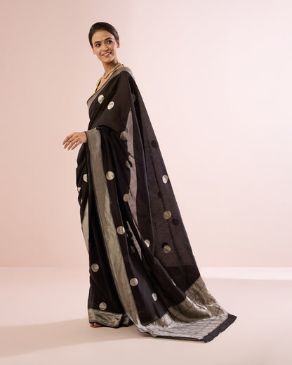 POLKA DOT SILK VOILE SAREE – BLACK & SILVER