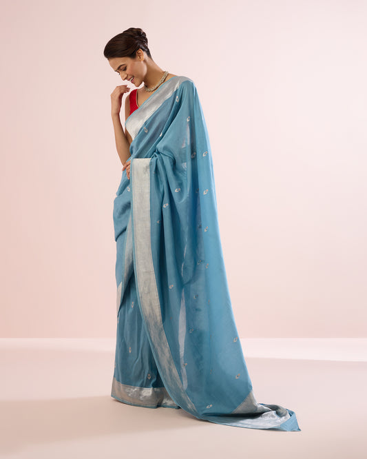 FLOWER BOOTI SILK VOILE SAREE – PORCELAIN & SILVER